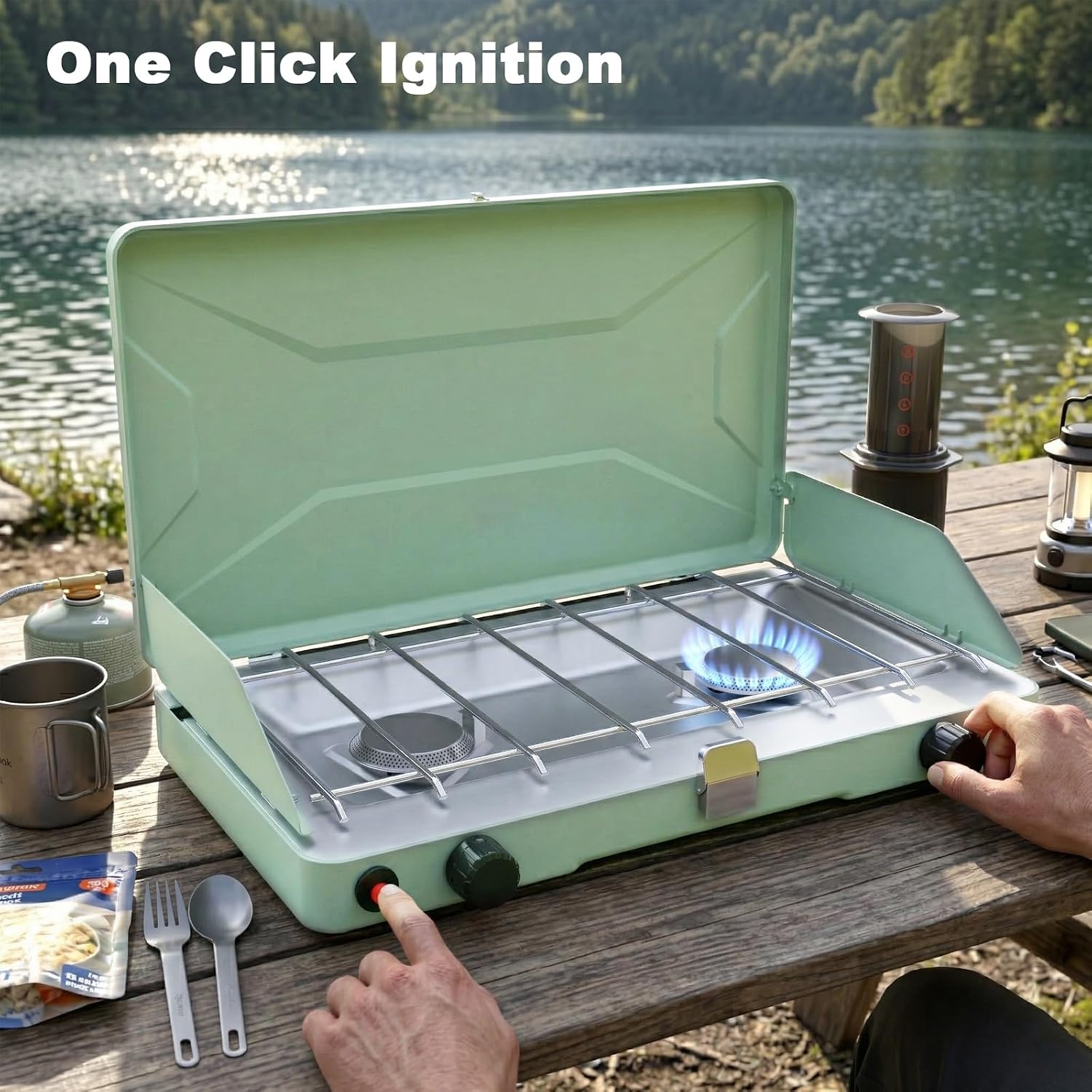 Portable Camping Stove, Propane Gas Camping Cooktop, 2 Burner, 20000 BTUs, Windscreen, Instant Ignition with Adjustable Burners Pressure Regulator for Camping Cooker BBQ Tailgating RV (Light Green)