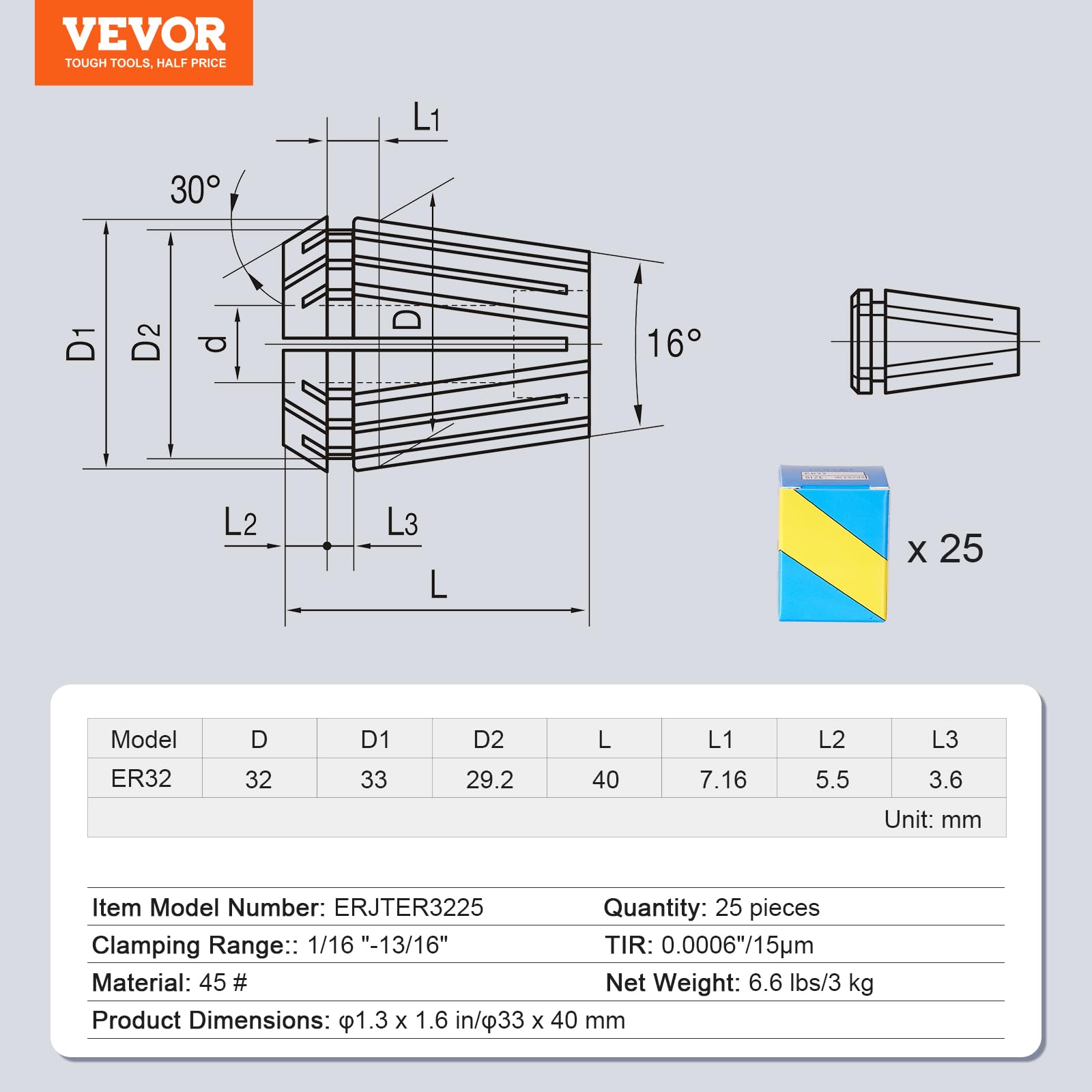 VEVOR Pinces de Serrage à Ressort ER32 25PCS 1/16"-13/16" 1,6-20,6 mm TIR 0,0006" 15 μm avec 25 Boîtes de Rangement Étiquetées pour Machine de Gravure CNC, Fraiseuse, Outil de Tour, Perceuse, Presse