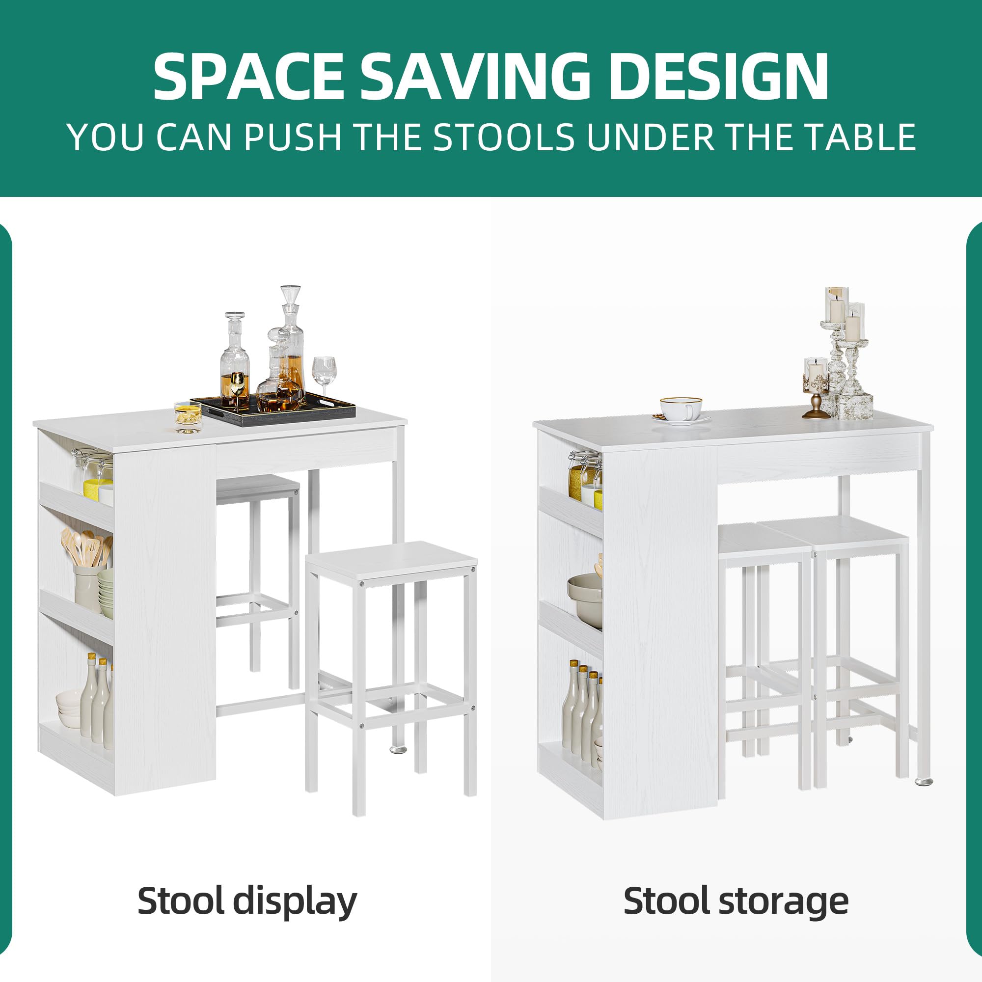 YITAHOME Bartisch mit Barhocker Set, Bartisch 3 Teilig, Esstisch mit 2 Hocker 3 Ablagen, Barhocker mit Metallrahmen, Essgruppe für 2 Personen, Frühstückstisch Möbelsets für Zuhause, Küche (Weiß)