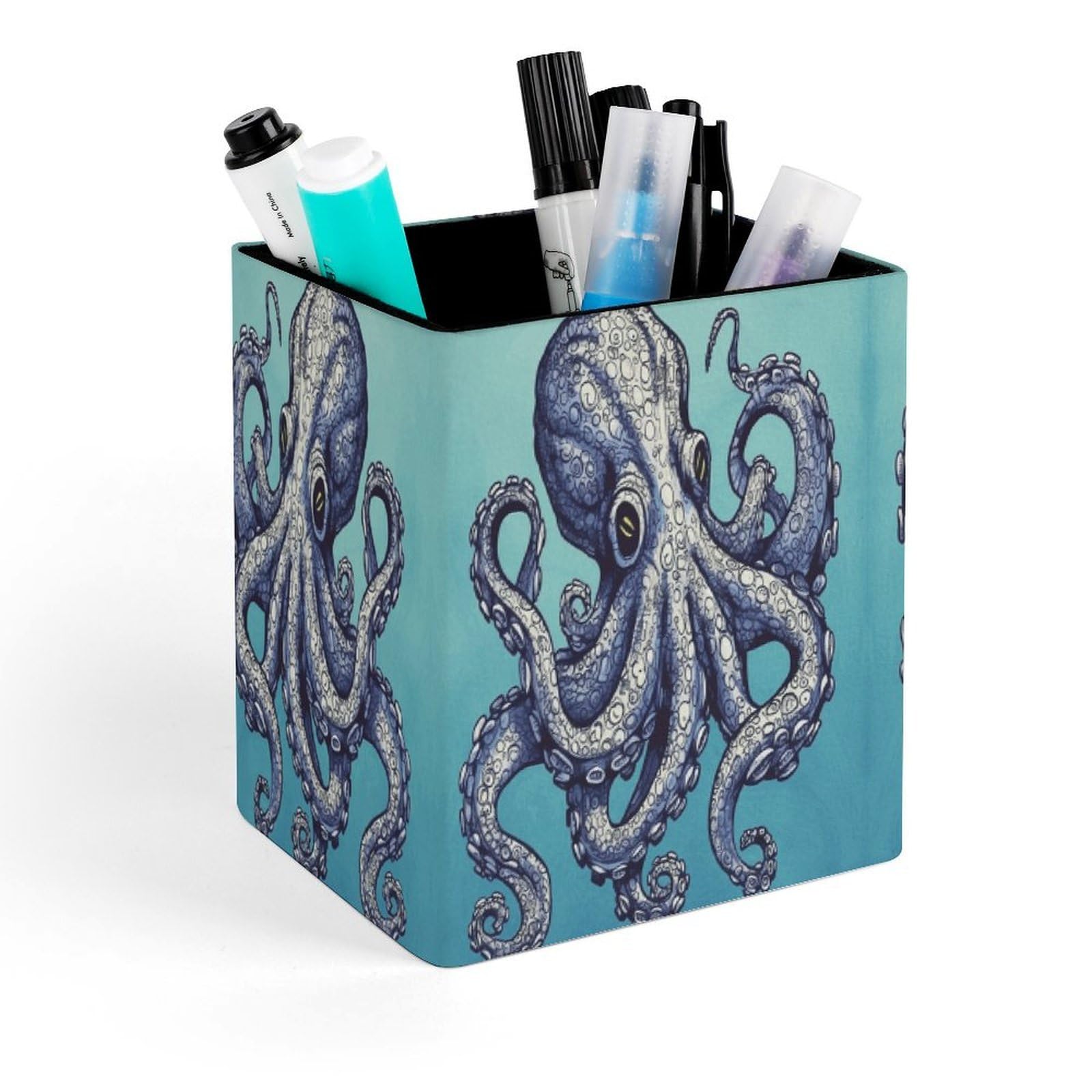 VstaDank Octopus Design Pen Holder Square Pencil Holder Leather Pencil Cup Pen Organizer Makeup Brush Holders Pen Cups Desktop Stationery Organizer for Home Office Desk Organizers
