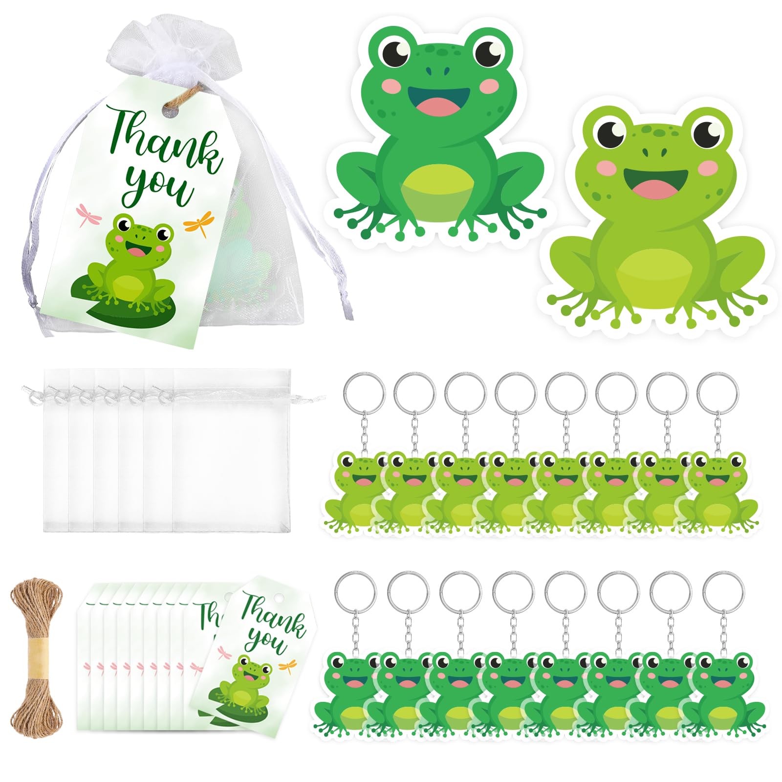 JarThenaAMCS 24 Set Frog Party Favors Frog Keychains Thank You Gift Tags Organza Bags with Hemp Rope School Reward Decor for Baby Shower Birthday