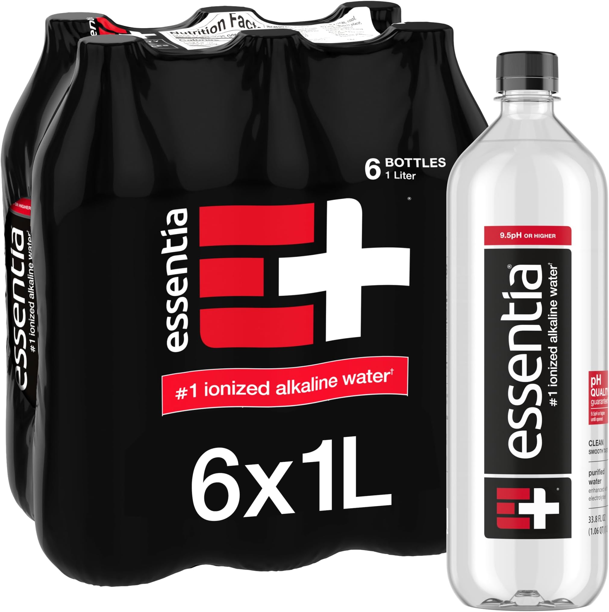 Essentia Bottled Water Bottle, 1 Litre, 99.9% Pure, Infused with Electrolytes for a Smooth Taste, pH 9.5 or Higher; Ionized Alkaline Water (6 Pack)