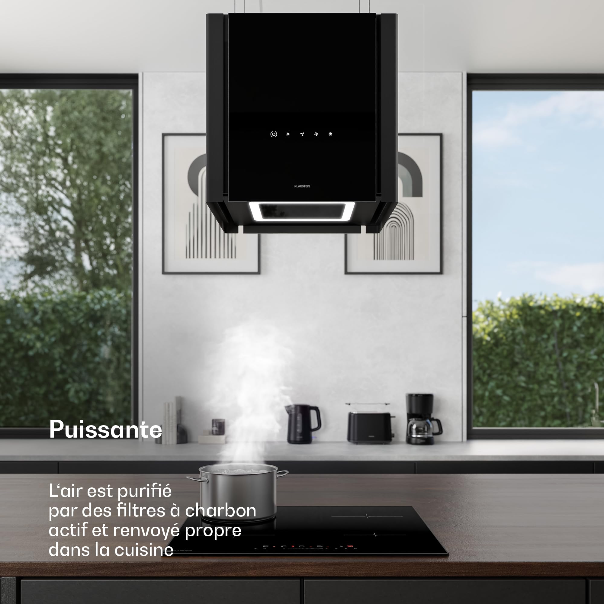 Klarstein Velaire Hotte Aspirante de Plafond - A++ Éco, 601 m³/h, Ultra Silencieuse 62 dB, Commandes Tactiles, LED, Filtre Charbon, 41x41x40 cm, Hotte Cuisine, Noir
