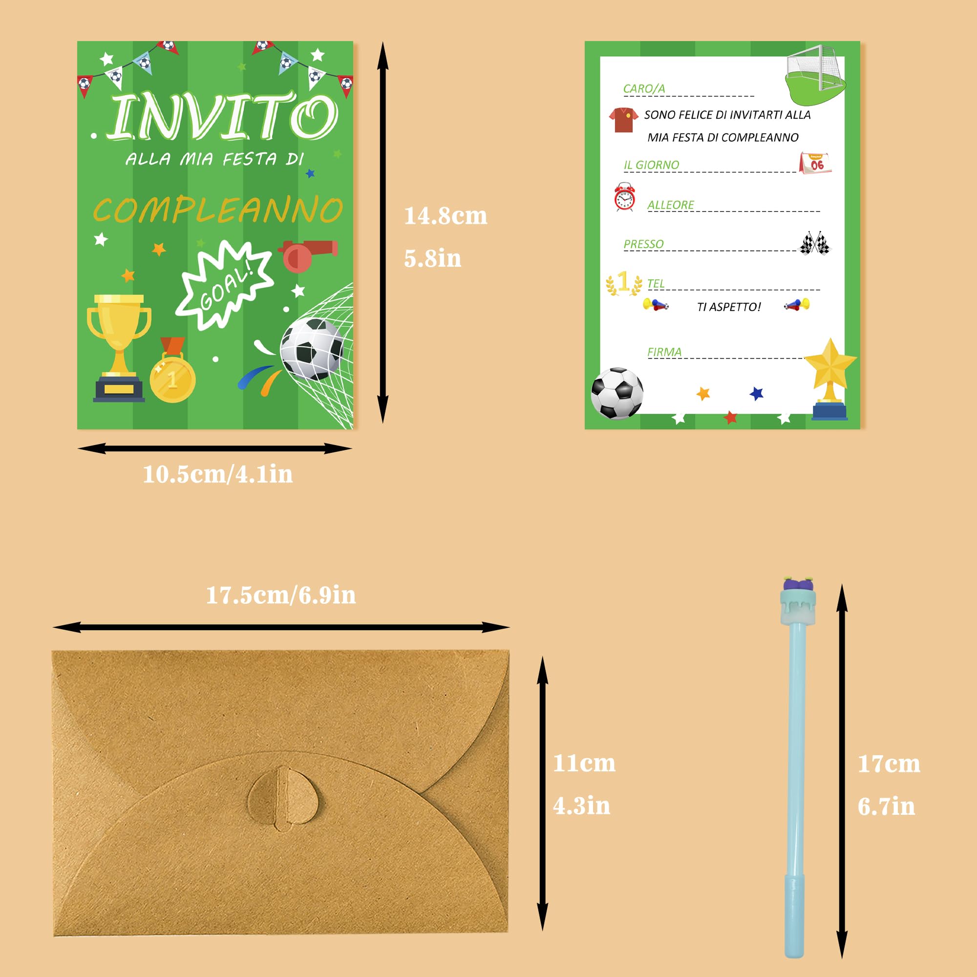 15 Biglietti D'Invito A Forma Di Pallone Da Calcio Per Compleanno Bambini – 13,5 Cm – Carta 300 G/m² – Retro Scrivibile
