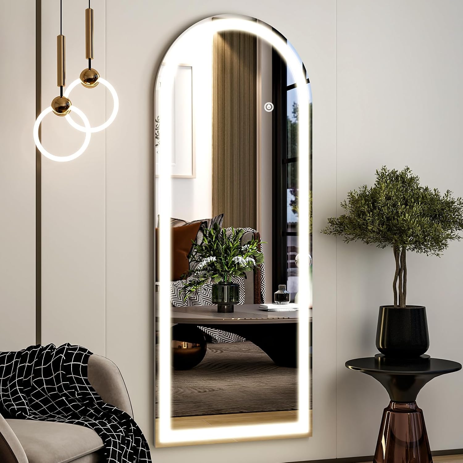 Easly 21"x56" Arched Full Length Mirror with LED Lights, Standing or Wall-Mounted Full Body Mirror with Stand, Dimmable 3-Color Lighted Floor Mirror for Bedroom, Dressing Room, Cloakroom