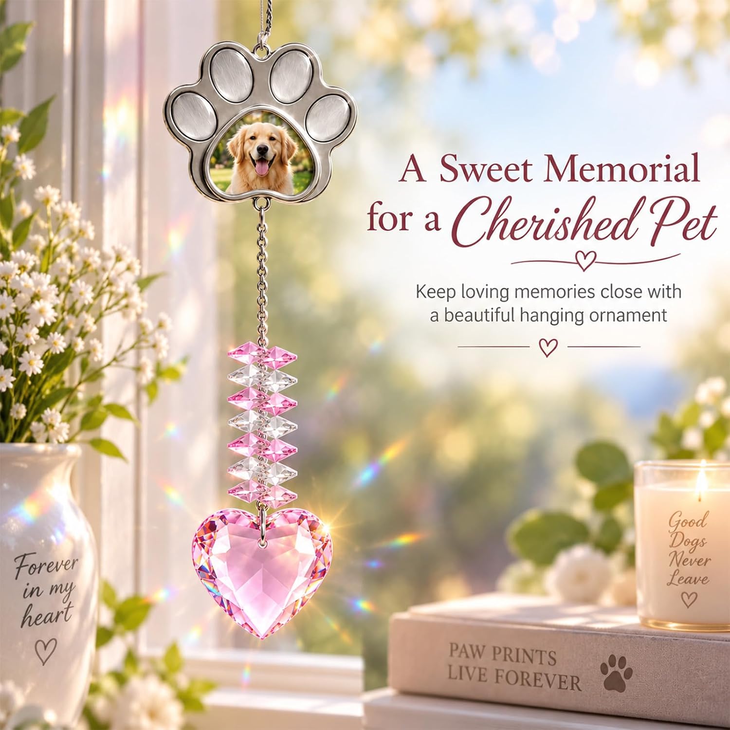 Dog Lover Gifts for Women, Cat Lover Gifts, Paw Photo Frame Pink Suncatcher