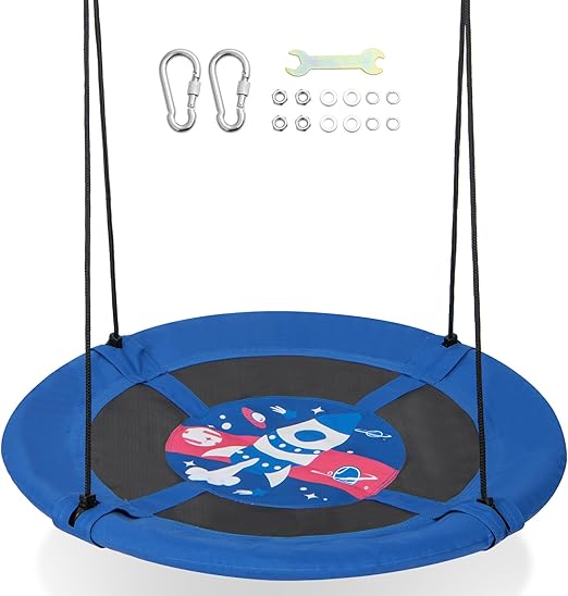 Costzon 40” Saucer Tree Swing for Kids, Flying Saucer Swing with Carabiners, Adjustable Hanging Ropes, Waterproof 600D Oxford Cloth, Safe Round Swing for Outdoor, Playground, Backyard (Blue Rocket)