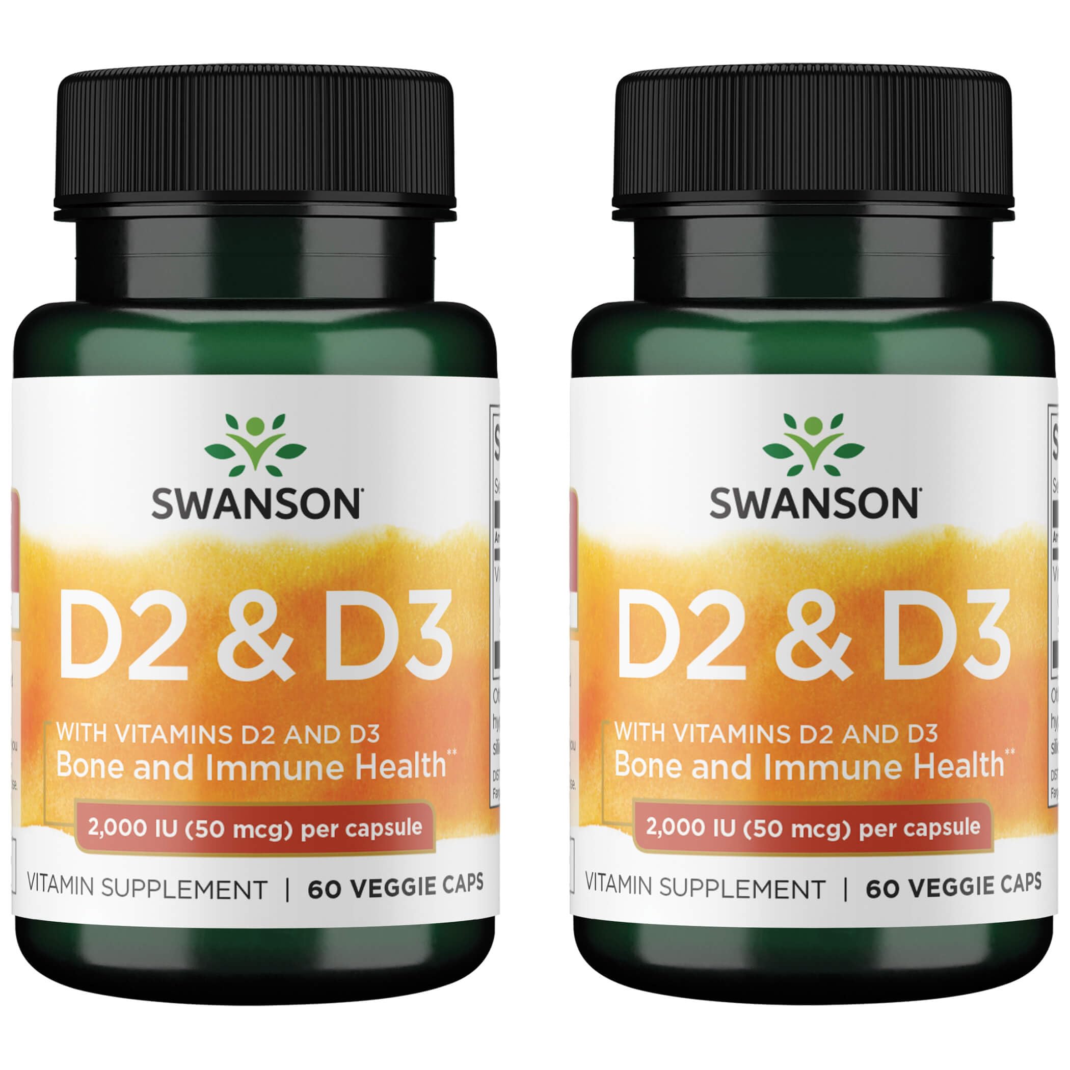 Swanson D2 and D3 2,000 IU Bone Health, 60 Veggie Capsules, 2 Pack 60 Count (Pack of 2)
