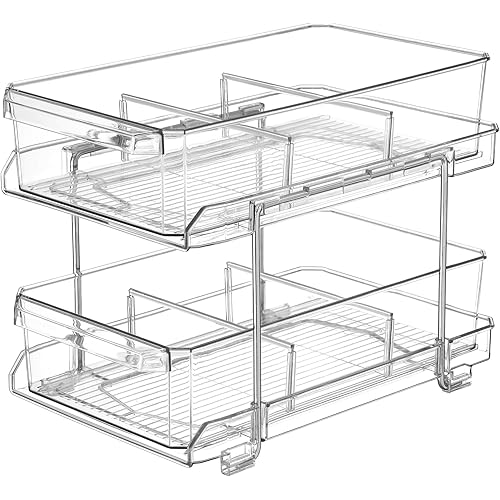 2 Tier Clear Organizer with Dividers for Cabinet / Counter, MultiUse Slide-Out Storage Container - Kitchen, Pantry, Medicine Cabinet Storage Bins - Bathroom, Vanity Makeup, Under Sink Organizing Tray