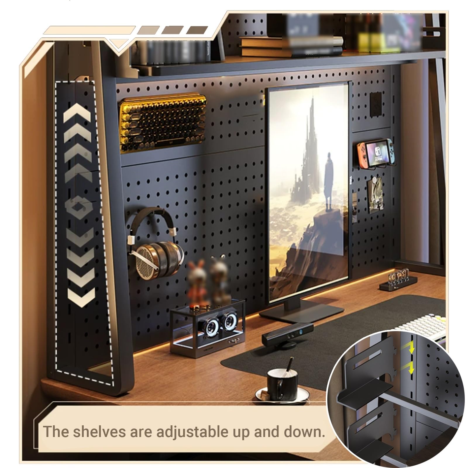 Schreibtisch-Organizer aus Metall mit perforierter Platte, stabiles trapezförmiges Design für Schlafzimmer oder Büro, schwarz, 60 x 62 cm / 23.6x24.4in – maximiert die Effizienz des Arbeitens