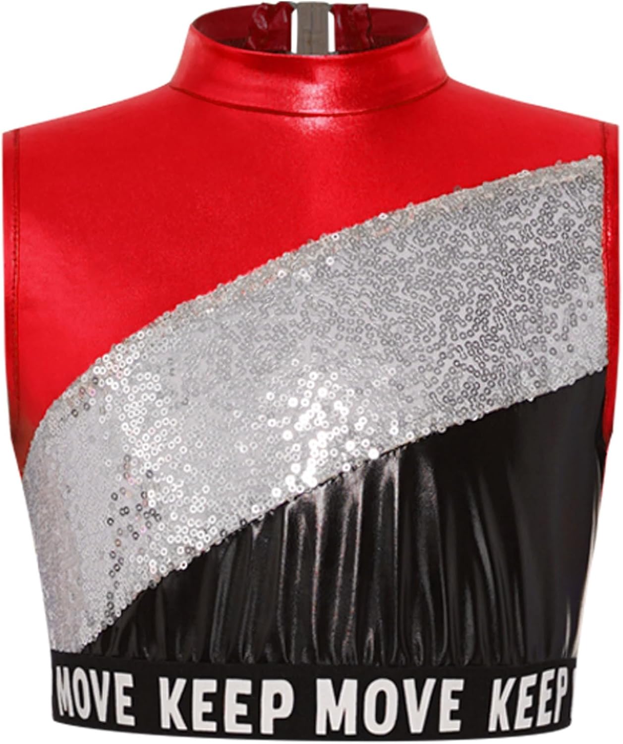 Hansber Kids Girls Jazz Performance Crop Tank Sleeveless Keyhole Back Sequin Letter Print Metallic Top