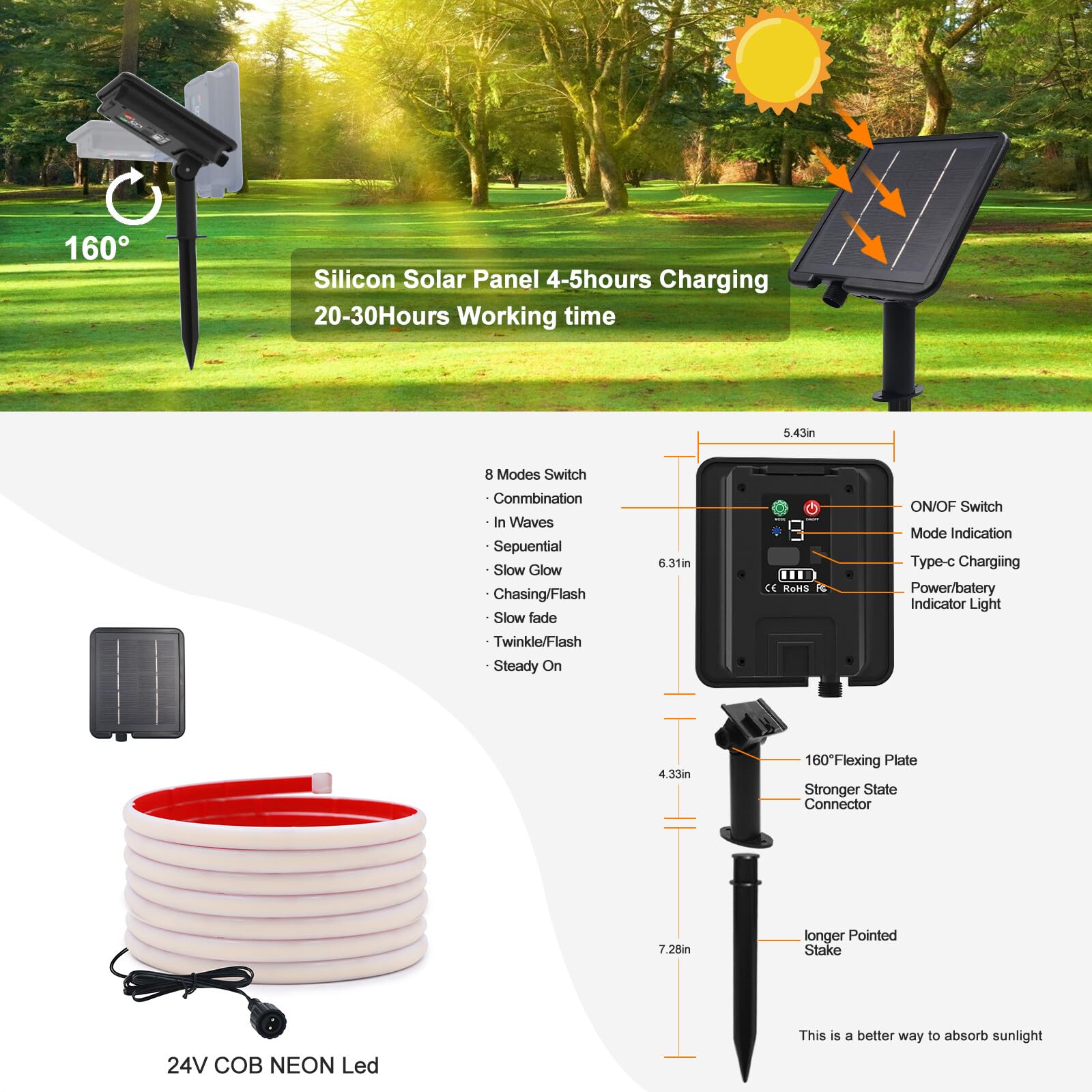 24V COB LED Tira Solar [3m,Blanco Cálido 3000-3500K], 2400MAH Controlador de Panel Solar, 8 Modos, IP68 Impermeable Flexible FCOB LED Tira de Neón, Decoración de Dormitorio Jardín Pasillo
