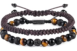 Men's 6mm Tiger Eye Obsidian Lava Beads Bracelet Set