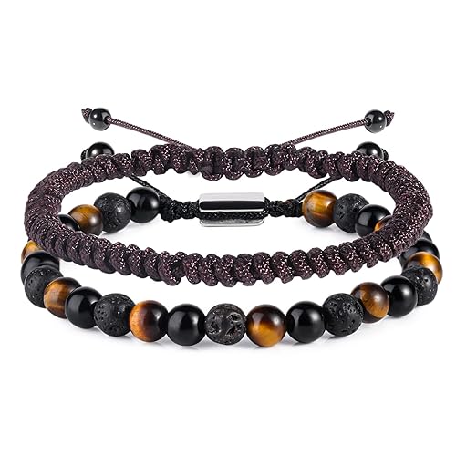 CARITATE Triple Protection Mens Bracelets, Handmade Beaded Bracelets For Men Women, Genuine Tigers Eye Black Obsidian and Lava Rock Bracelet, Stress