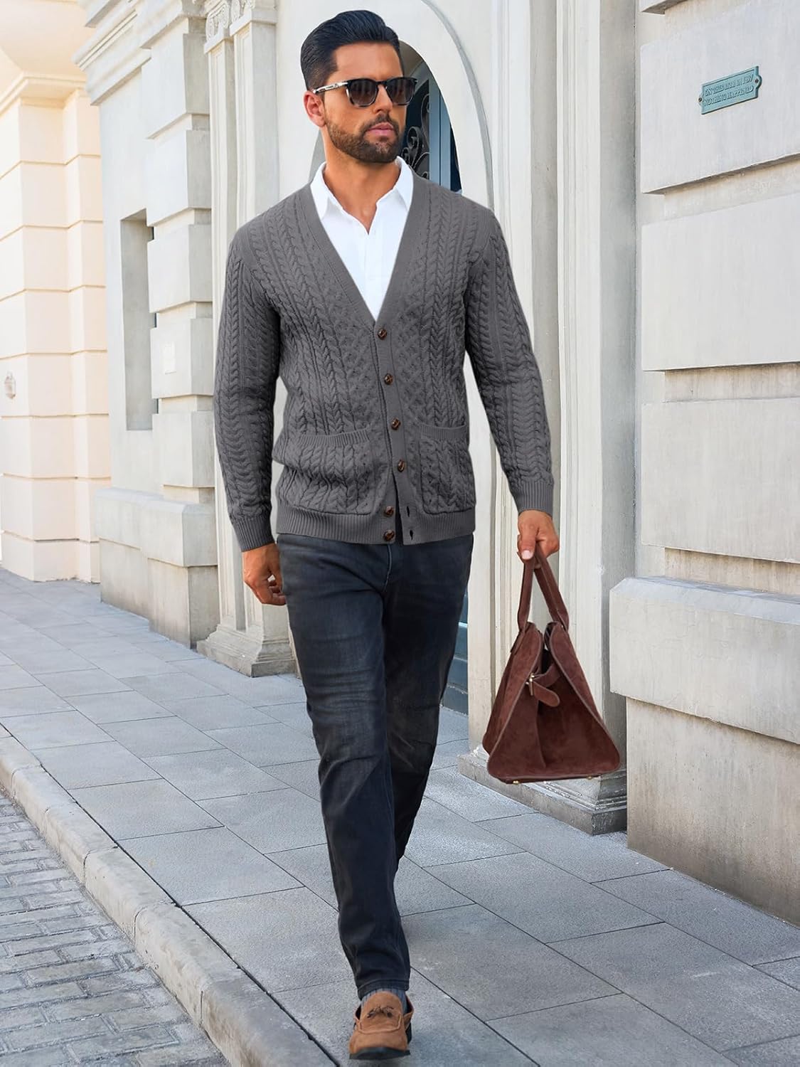 Runcati Mens Cardigan Sweater Casual Cable Knitted V Neck Button Down Winter Sweaters - Image 4