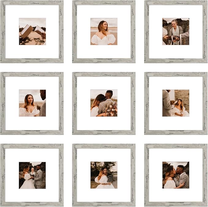 8x8 Picture Frame Set of 9, Display Pictures 4x4 with Mat or 8x8 without Mat, Multi Collage Gallery Square Photo Frames for Wall or Tabletop, White