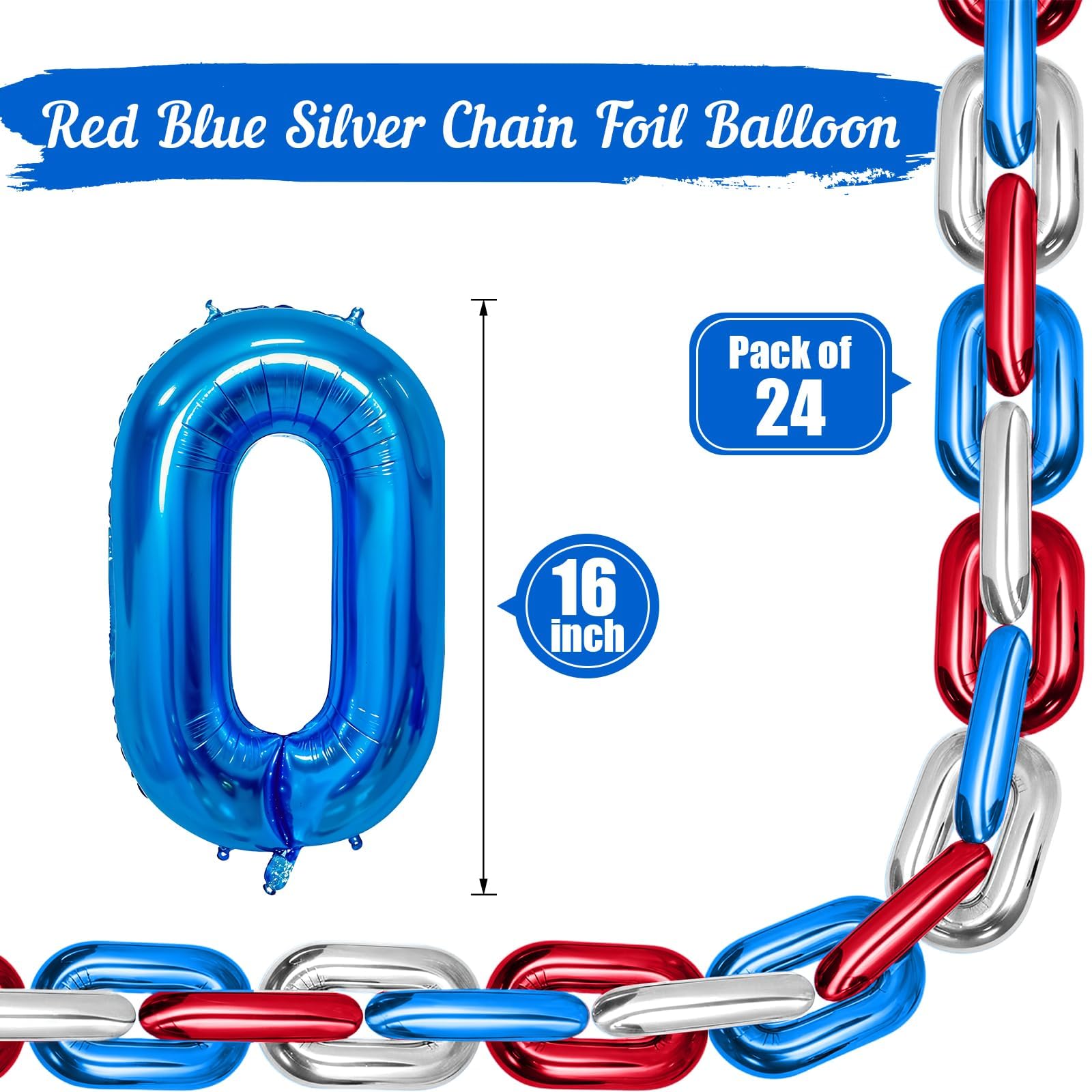 Blue Red Silver Chain Balloons,24PCS Giant Chain Foil Balloons Garland for Retro 80s 90s Hip Hop Party Decorations - Image 2
