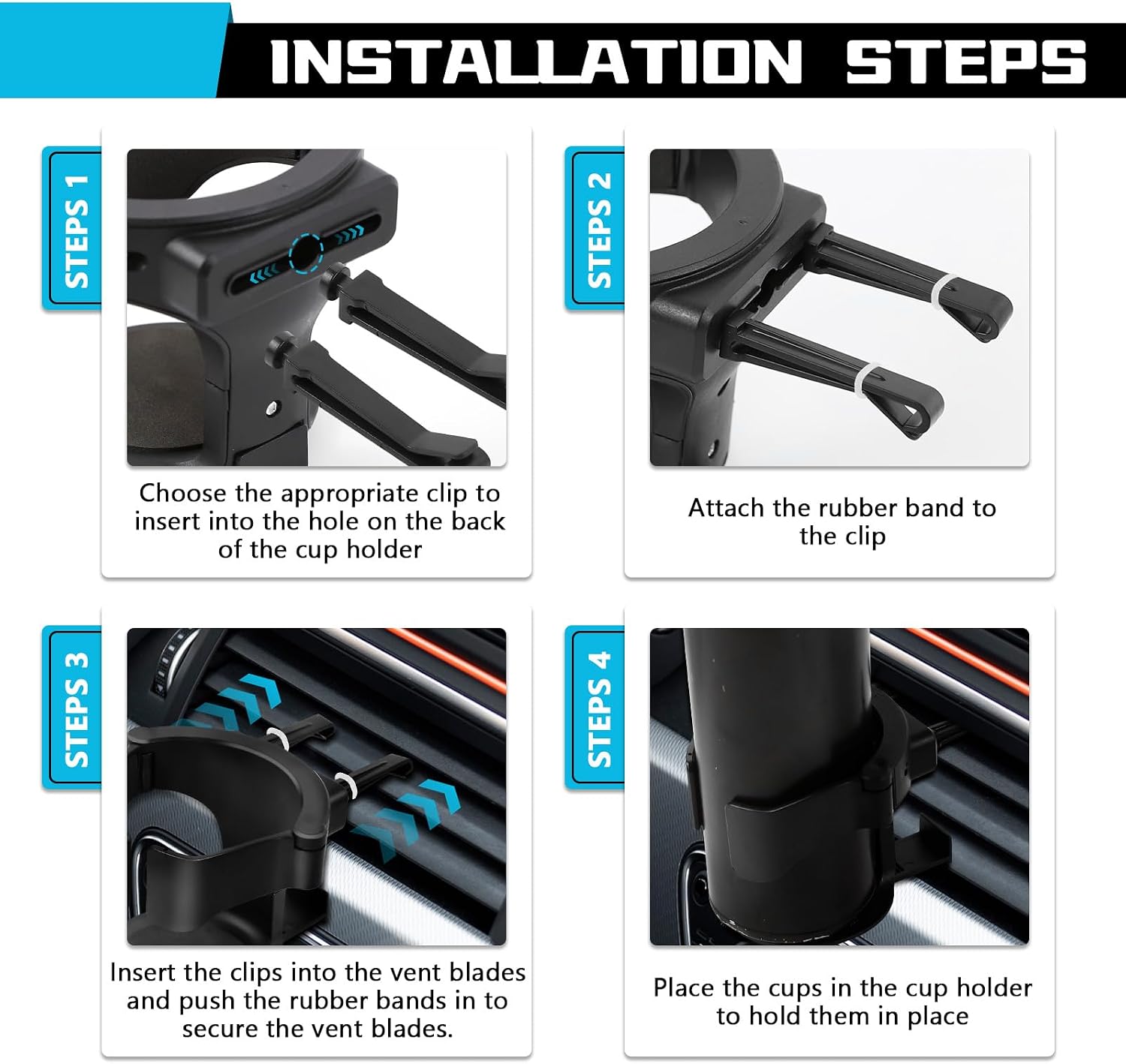 Wuyaoyao Car Cup Holder, Cup Holder for Car Air Vent, Automotive Air Vent Cup Holder Expander with 3 Kinds Mounting Clips, Drink Holder for Most Vehicles with Horizontal Blade Vents