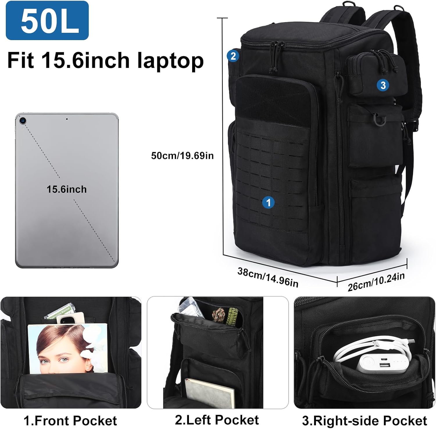 50L Military Tactical Backpack for Men Large Travel Backpack Heavy Duty Utility Army 3 Days Assault Pack Molle Bag Rucksack for Hiking Outdoor Adventures, Black