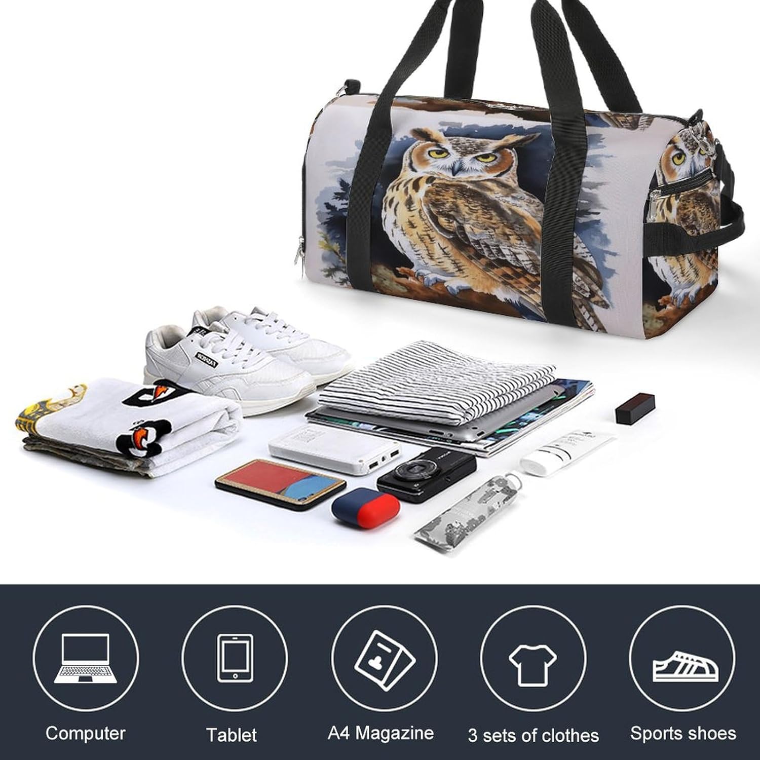 Owl Barrel Gym Bags for Men And Women, Duffle Bag for Travel Sports Bag Camping Weekend Carry on Overnight Duffel Bag with Shoulder Strap