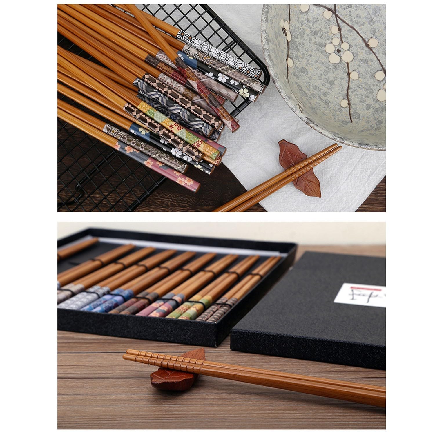 Lot de 10 Baguettes japonaises Doubles réutilisables en Bambou antidérapant de 22,5 cm