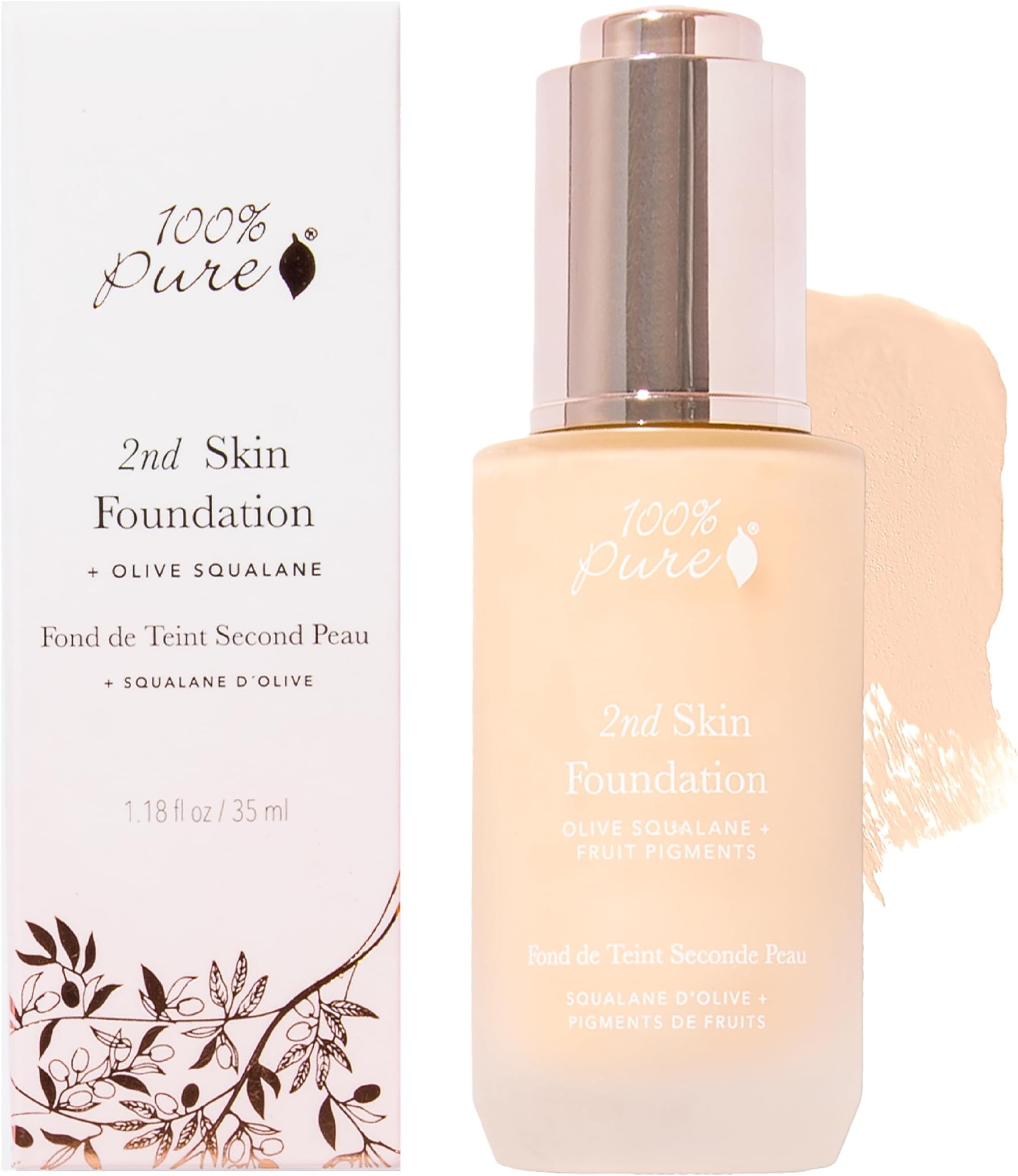 100% PURE 2nd Skin Lightweight Serum Foundation Anti-Aging Face Makeup - Blendable Coverage Liquid Hydration Boost for Soft Plumped Up Glow, Vegan Shade 3 (Warm w/Yellow Undertone) - 1.18 Fl Oz