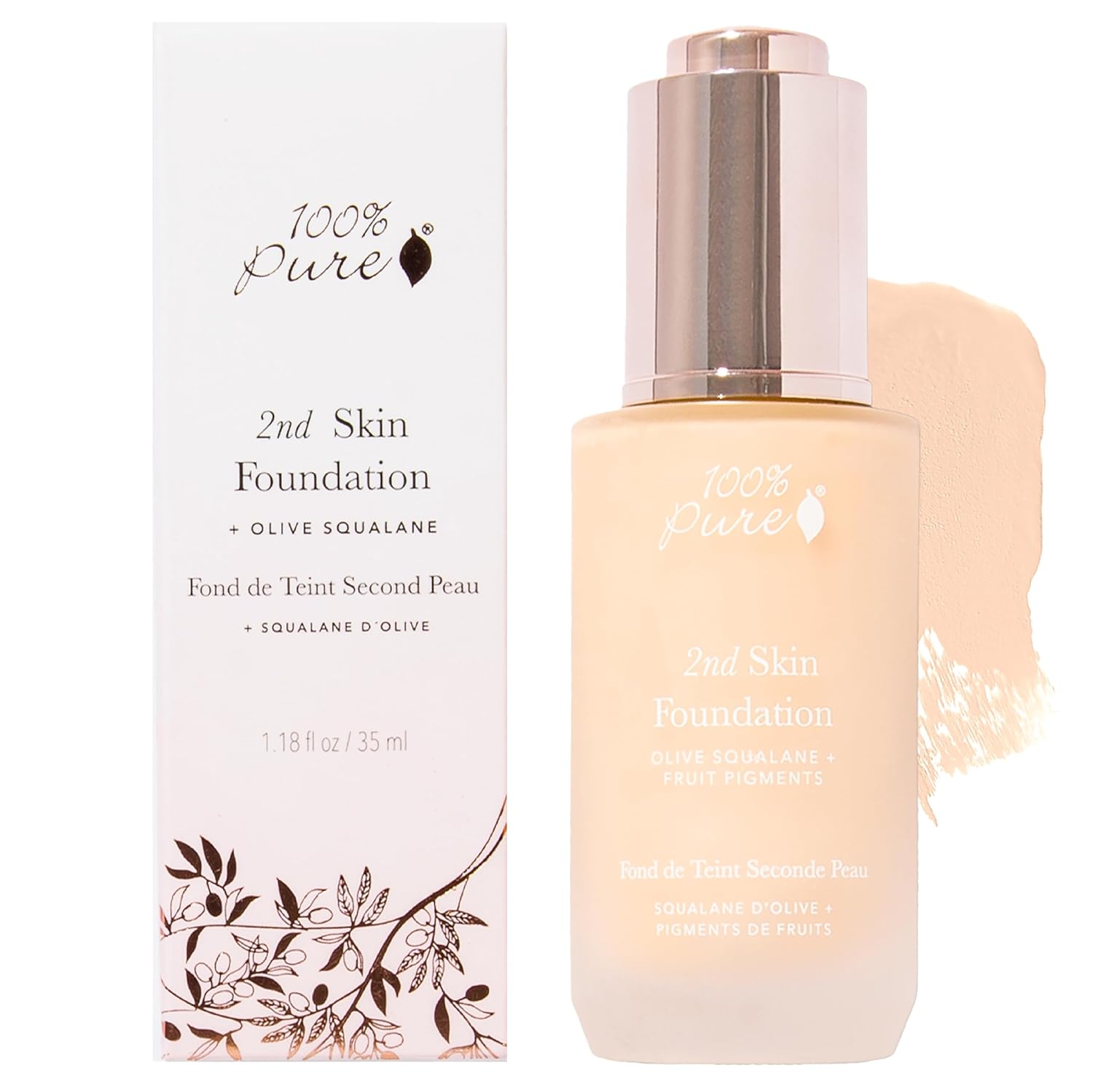 100% PURE 2nd Skin Lightweight Serum Foundation Anti-Aging Face Makeup - Blendable Coverage Liquid Hydration Boost for Soft Plumped Up Glow, Vegan Shade 3 (Warm w/Yellow Undertone) - 1.18 Fl Oz