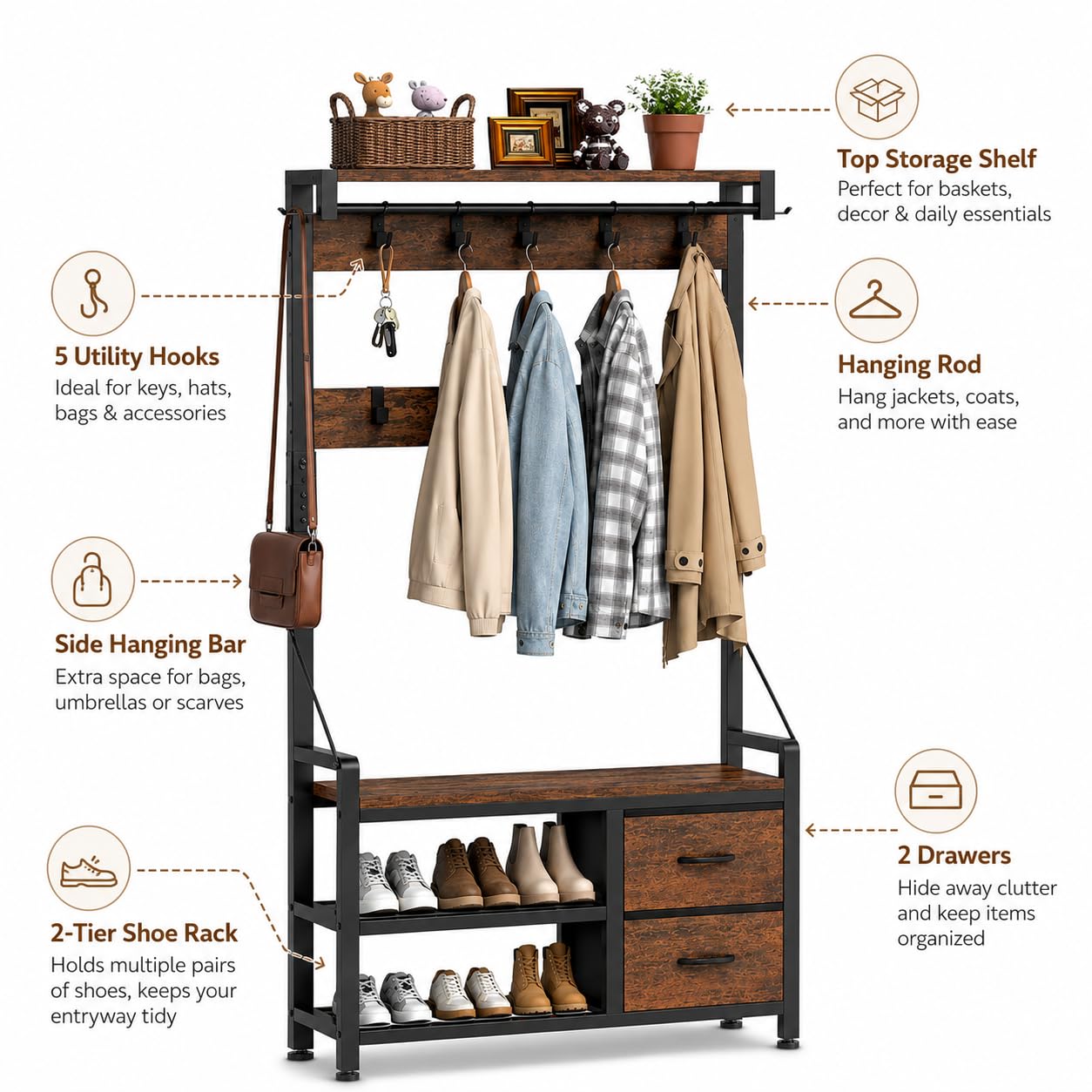 Garderobenständer, Flurgarderobe mit Schuhbank, Garderobe, Schuhaufbewahrung, 2 Schubladen, 17 Haken, Industrie-Design Garderobe mit Sitzbank für Flur, Wohnzimmer 30 x 80 x 180 cm