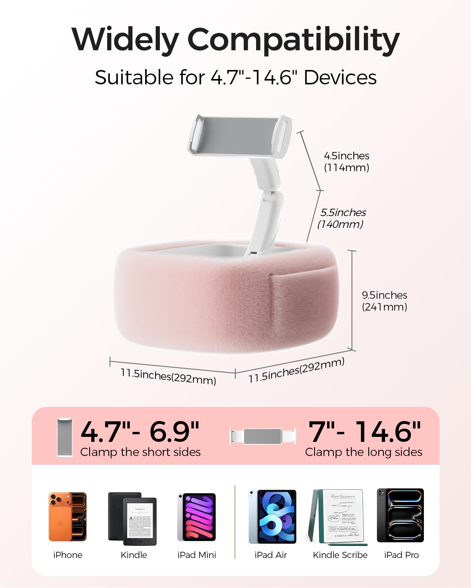 LULULOOK Supporto Cuscino Tablet per Kindle la lettura,supporto da tenere sulle ginocchia con ciotola per snack e braccio pieghevole per iPad,telefono e tablet da 4,7-14,6 pollici per leggere a letto