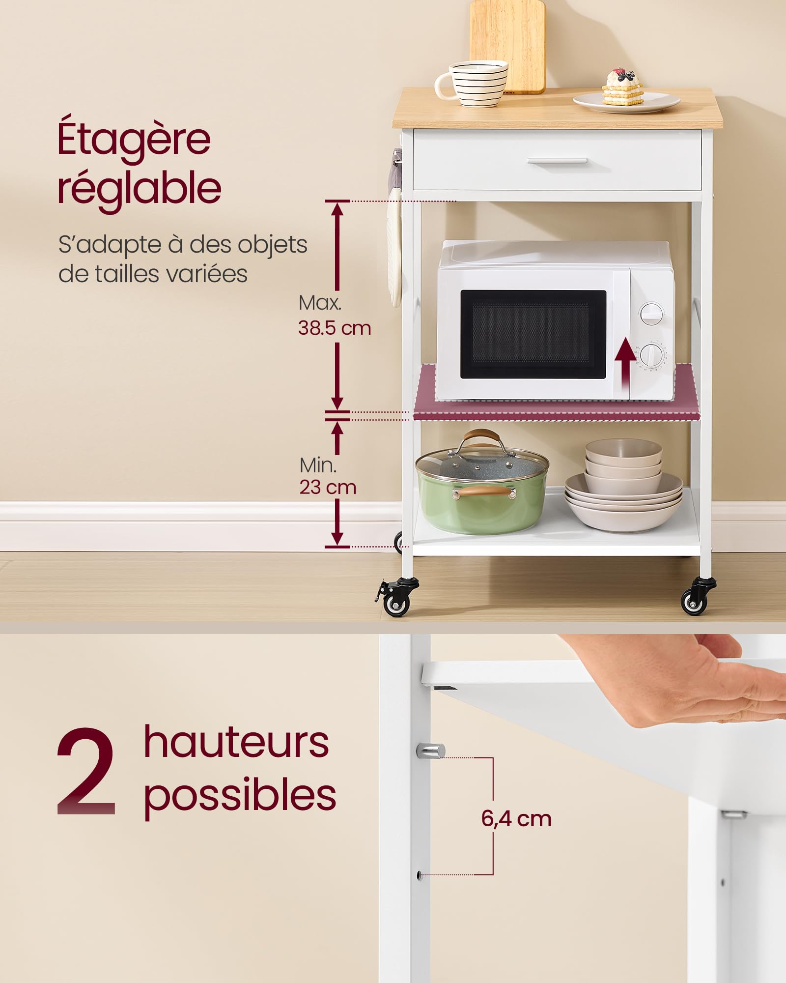 VASAGLE Desserte de Cuisine à roulettes, Îlot de Cuisine Mobile, 45 x 60 x 90 cm, avec Tiroir, 2 Crochets, pour Salle à Manger, Beige Chêne et Blanc Mat KKI007Y01