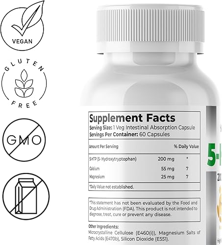 Miniatura 2 de 5-HTP 200 mg Plus Calcio y Magnesio para el estado de ánimo, sueño y funciones cerebrales 1 cápsula por porción, 60 cápsulas