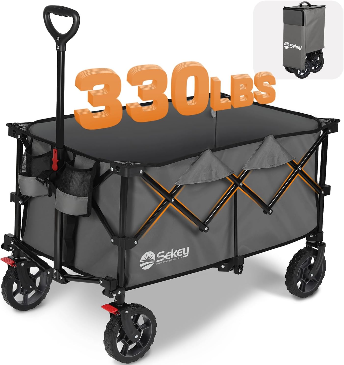 SekeyCollapsible Foldable Wagon with 330lbs Weight Capacity, Heavy Duty Folding Wagon Cart for Grocery Camping Shopping Sports, with Big All-Terrain Wheels & Drink Holders.Grey