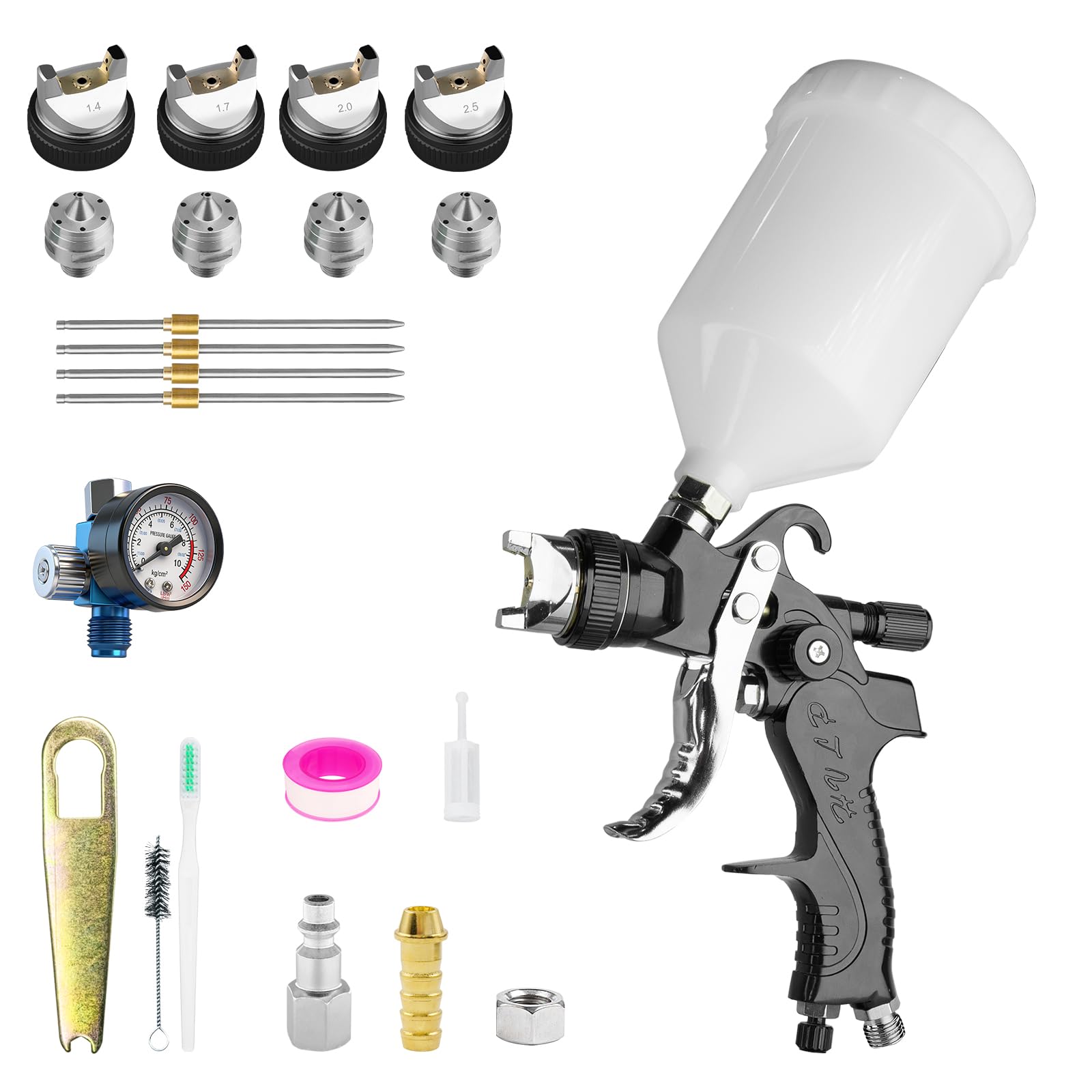 Pistolet à peinture HVLP carrosserie avec manomètre et kit buses larges