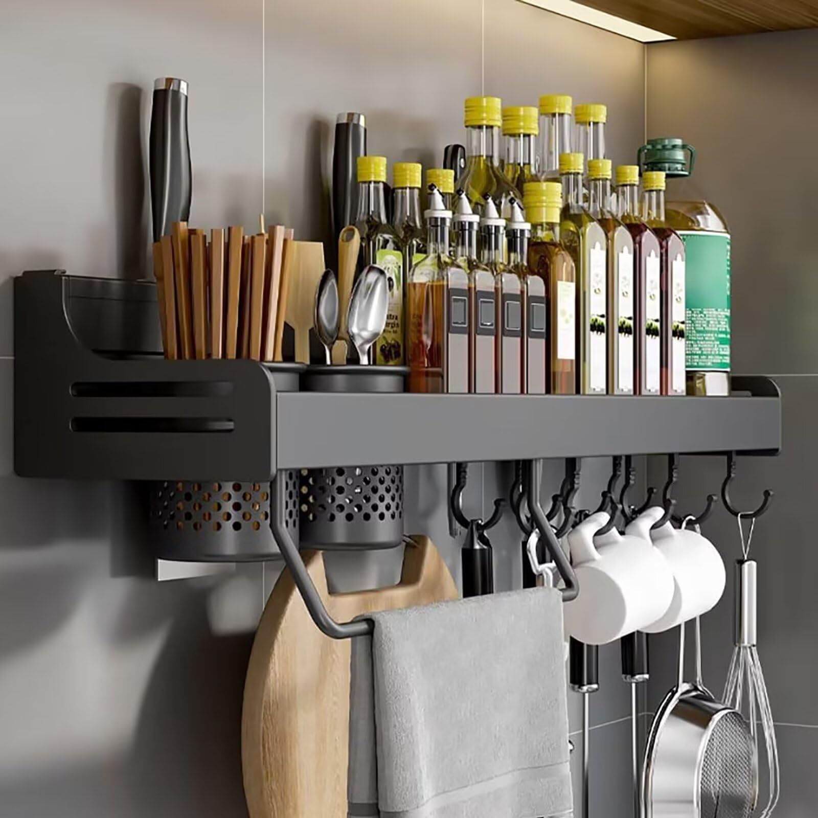 Étagère à épices murale noire avec rangement de 60 cm, support pour ustensiles de cuisine