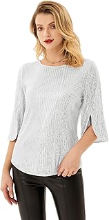 Camiseta de Manga Corta para Mujer Top de Gasa Casual de Verano Manga Corta Cuello Redondo 3/4 Manga Dividida