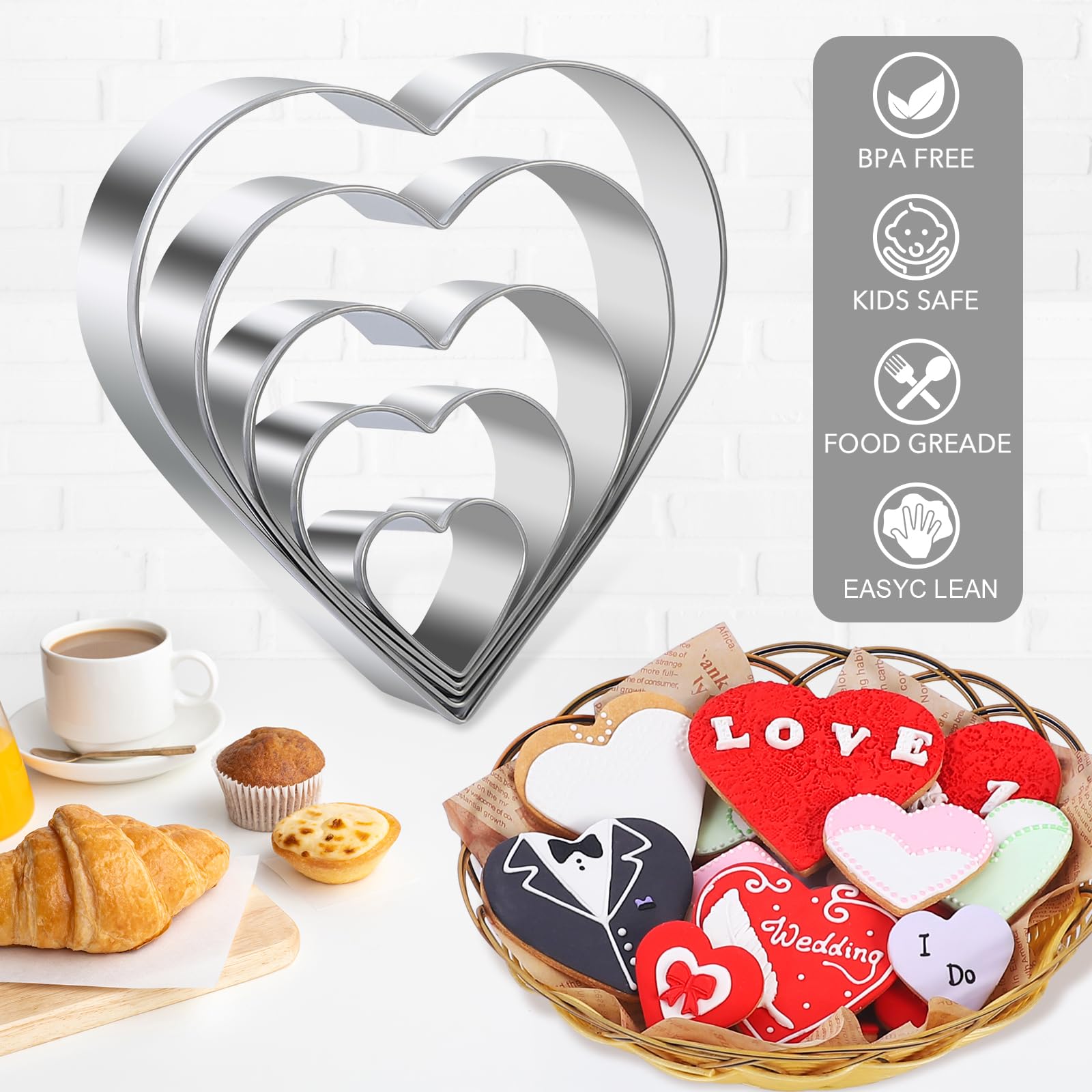 Juego de 5 cortadores de galletas en forma de corazón para el día de San Valentín, vacaciones, fiesta de cumpleaños, acero inoxidable (4.2 pulgadas, 3.4 pulgadas, 2.65 pulgadas, 1.97 pulgadas, 1.2