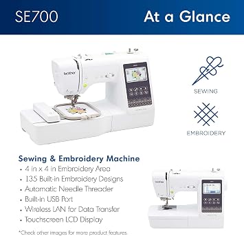 Brother SE700 Sewing and Embroidery Machine, Wireless LAN Connected, Computerized, 4 x 4 Hoop Area, Premium Sewing Thread 6 Spools, 75/11 Size Embroidery Needles 100 Count