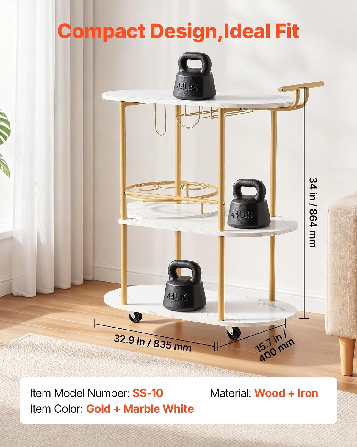 VEVOR Bar Cart, 3 Tiers Home Kitchen Serving Carts, Modern Round Rolling Utility Station on Wheels, Mobile Drink Beverage Trolley w/Wooden Shelf, Wine Rack, Glass Holder, for Living Dining Room, Gold image 2