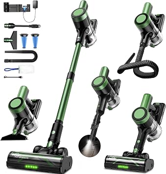 Cordless Vacuum Cleaner, 58Kpa Vacuum Cleaners for Home, 55Mins Stick Vacuum with Self-Standing & LED Display, Anti-Tangle & Wall Mount Charging Green
