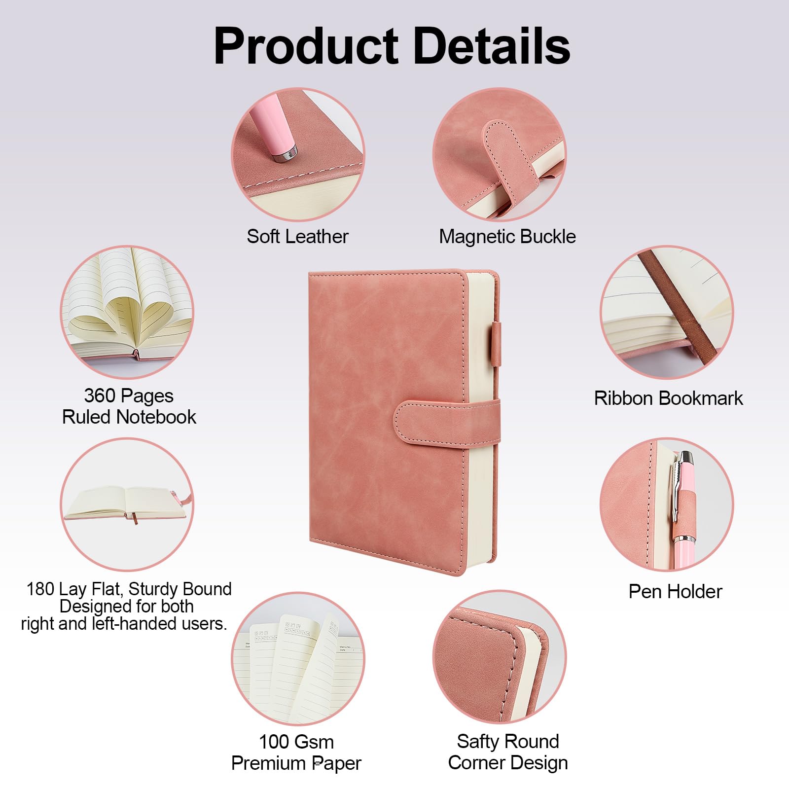 Juego de cuaderno de cuero para regalo, diario de tapa dura A5 con bolígrafo y 6 marcadores de corazón, caja de regalo + bolsa (rosa)