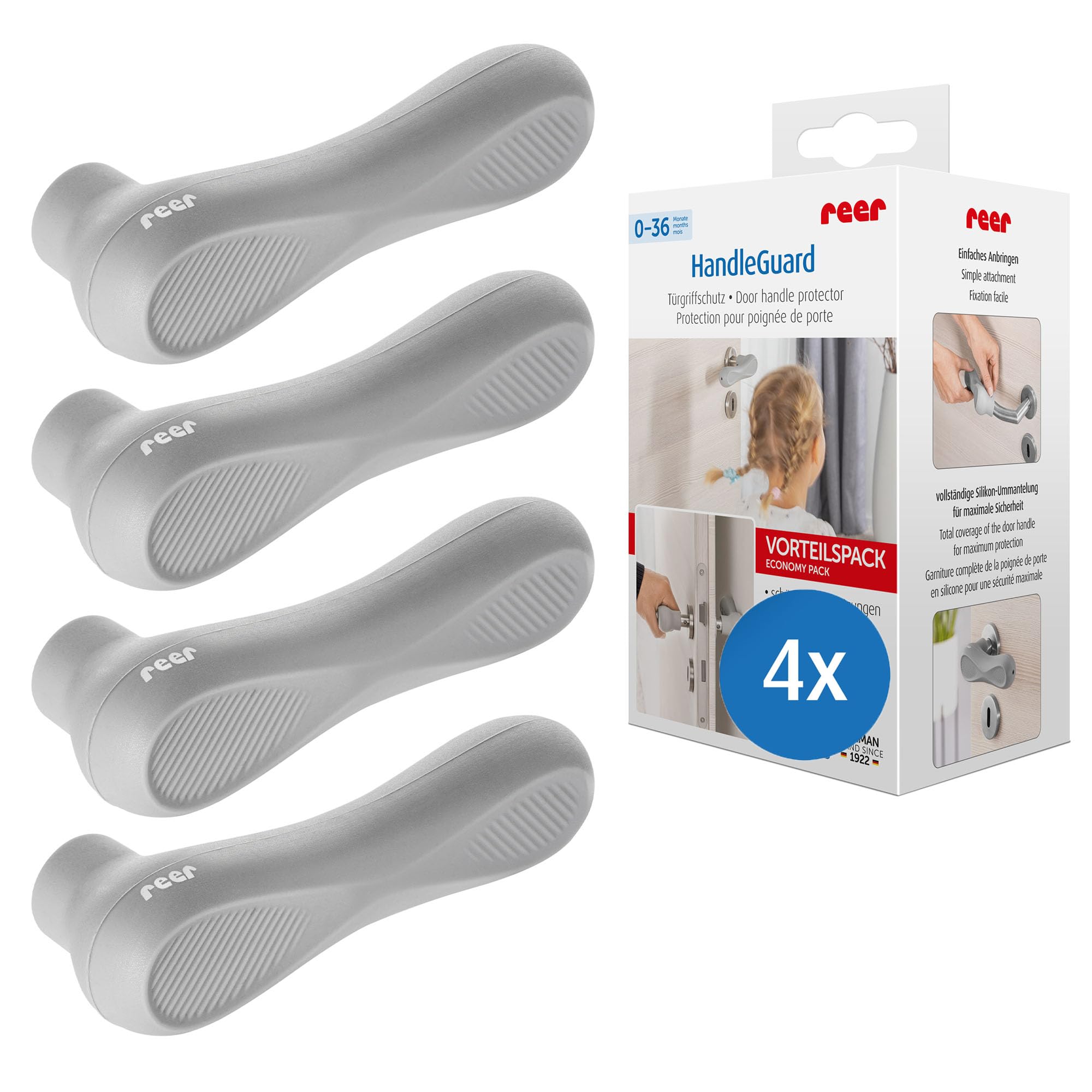 reer HandleGuard Türgriffschutz, Türklinkenpuffer, Türstopper gegen Stoßverletzungen an Türgriffen, Vorteilspack 4 Stück