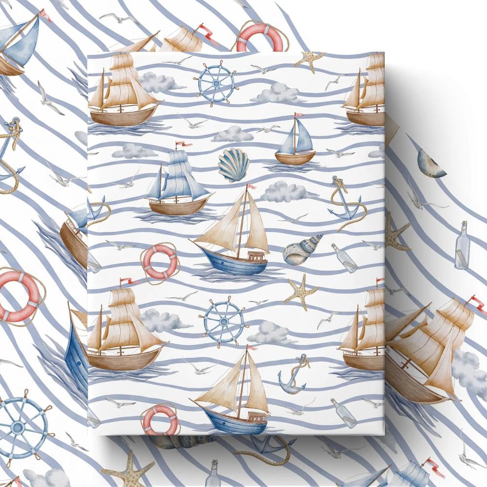 GleeWrap Nautical Wrapping Paper for Boys Sailing Boat Gift Wrap Sheets, Coastal Ocean Sea Theme Gift Wrap for Boat Lover,Birthday,Party,Travel,4 Sheets 50x70cm