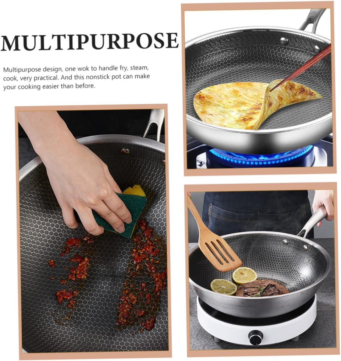 Luxshiny Nonstick Stir-fry Pan Traditional Chinese Wok Stainless Steel Scratch-proof Wear-resistant Deep Frying Pan