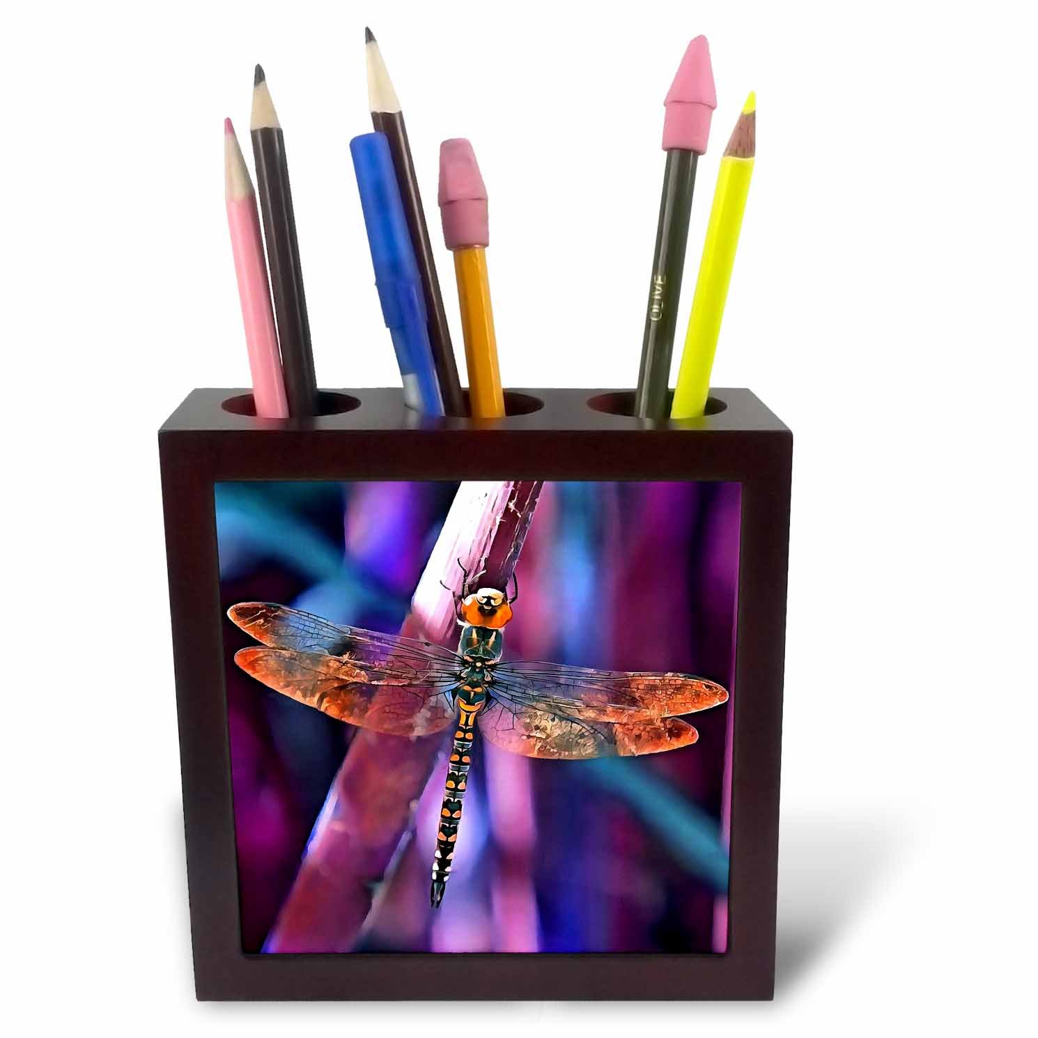 3dRose ph_245545_1 5-Inch "Dragonfly" Tile Pen Holder - Orange/Blue