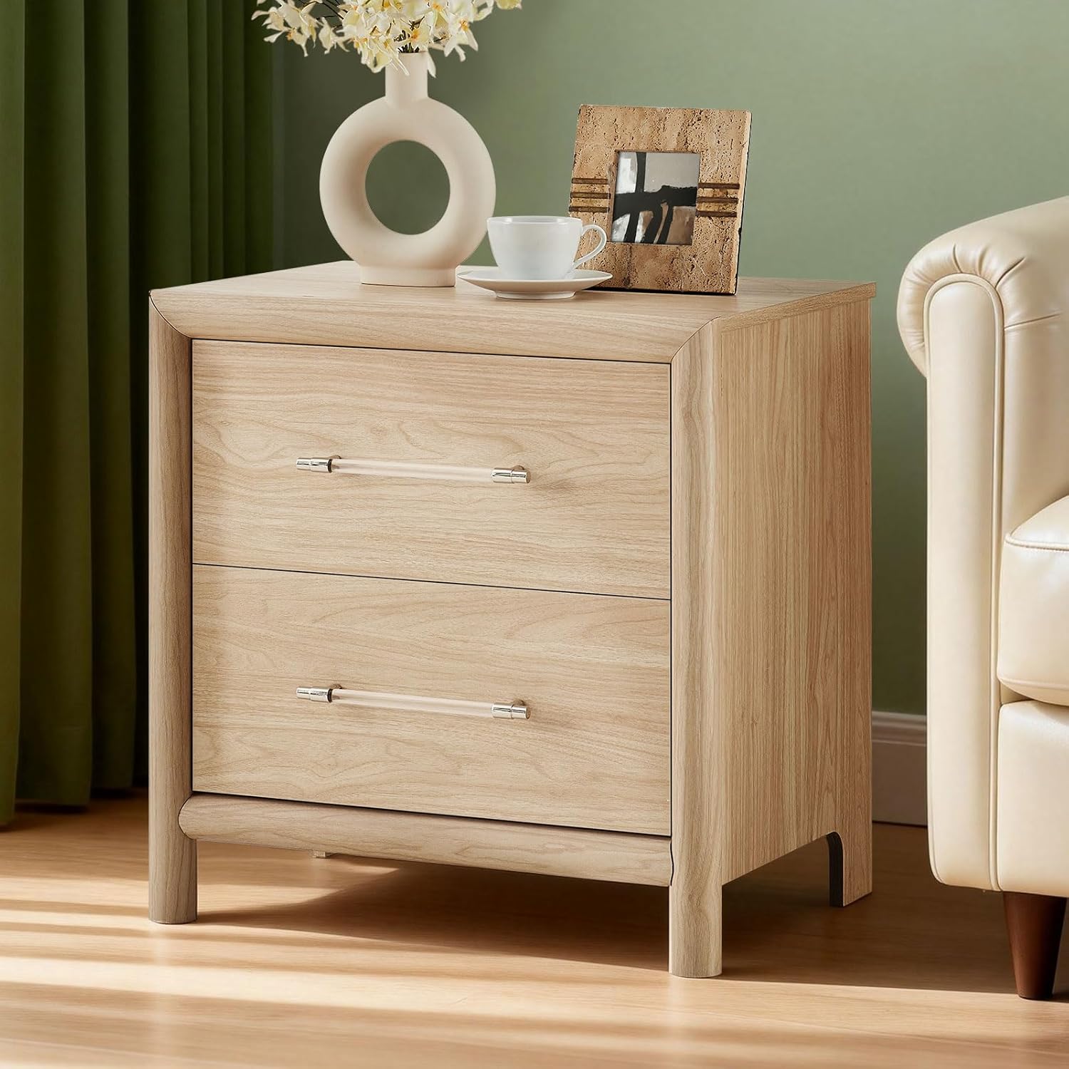 Bed Frame and Nightstand Set, Queen Wood Bed Frame with Headboard and 2 2-Drawer Nightstands, 3 Pieces Mid-Century Modern Bedroom Furniture Set, Natural Ash