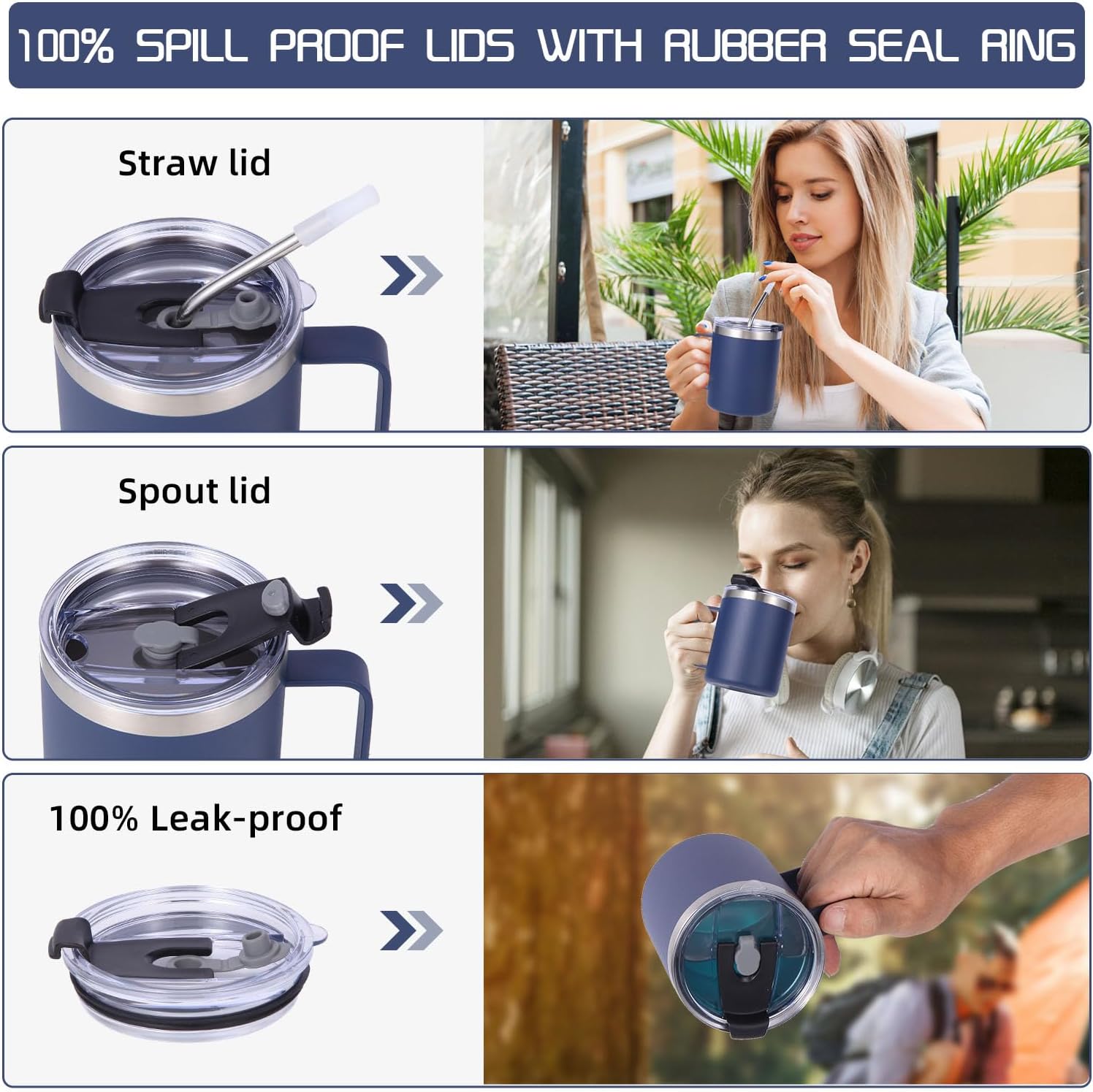 Volhoply 12oz Insulated Leakproof Coffee Mug with Flip & Straw Lid Bulk 8 Pack,Double Wall Vacuum Stainless Steel Travel Tumbler Cup with Handle,Reusable Camping Mugs Keep Cold/Hot(Assorted,8 Set) - Image 4