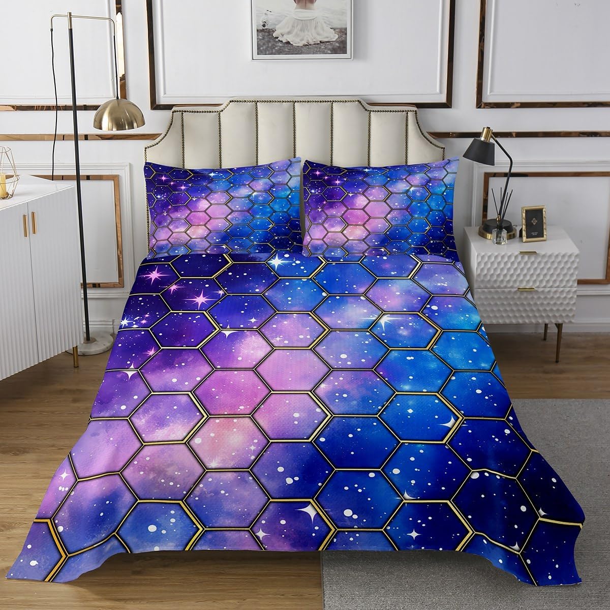 Abstract Honeycomb Kids Bedspread Twin Size,Glitter Stars Galaxy Outer Space Coverlet Set,Boys Girls Room Decor,Geometric Minimalist Hexagon Quilted Coverlet,Blue Bedding Quilt,1 Pillowcase