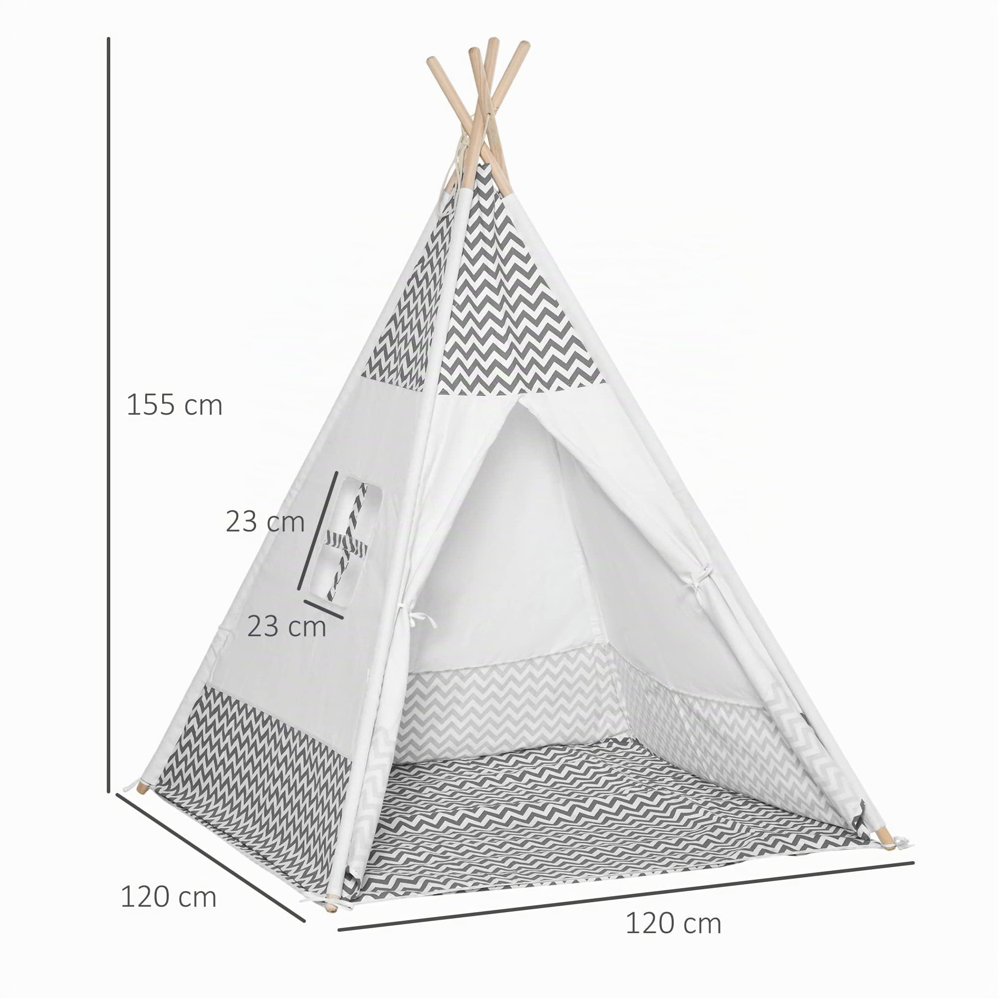 HOMCOM Tienda de Campaña para Niños de +3 Años 120x120x155 cm Gris | Tipi Infantil con Colchoneta, de Madera, Portátil, Ventana, Bolsa de Transporte, para Interiores y Exteriores