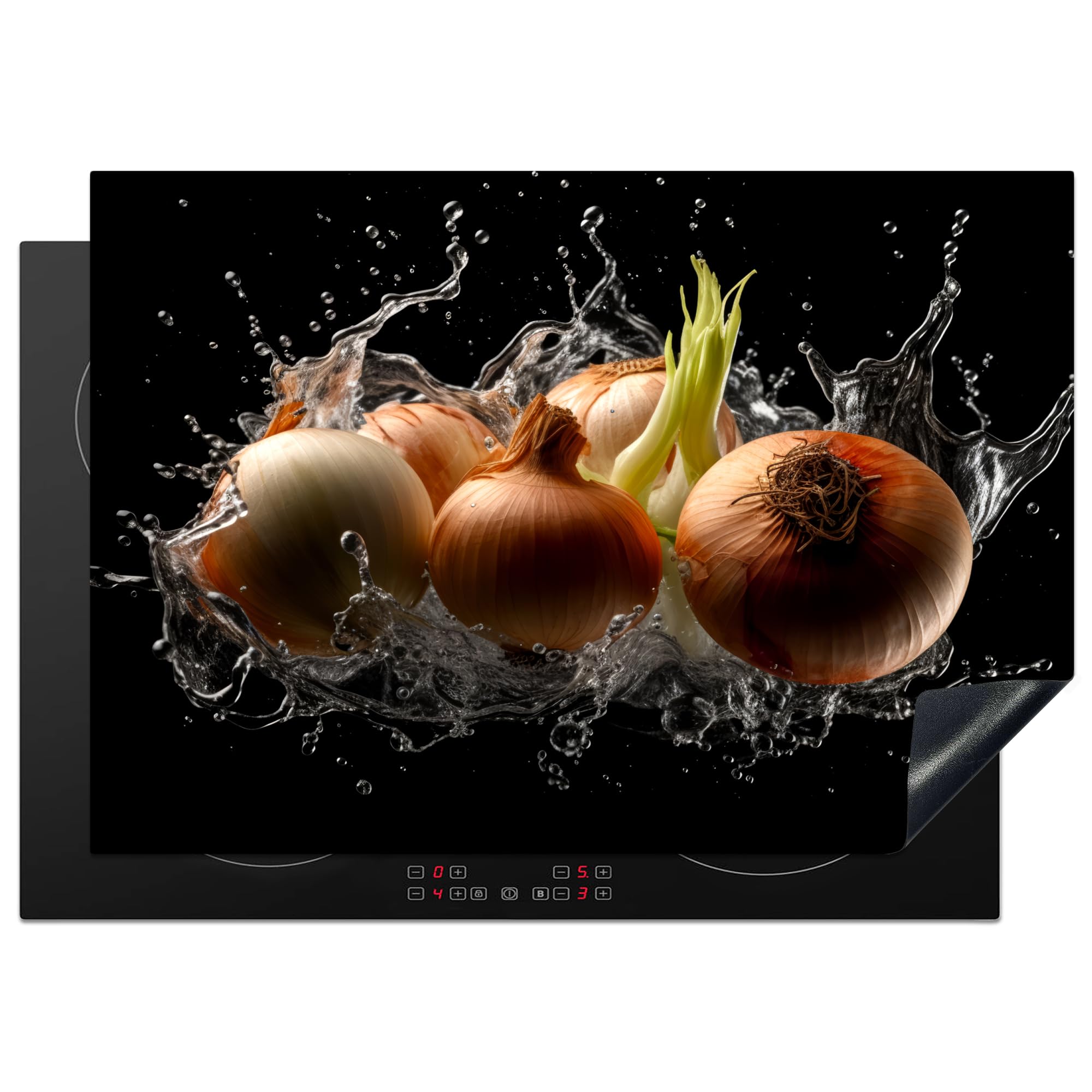 KitchenYeah© Induction Hob Protector Mat 20.5"x29.5" / 75x52 cm Stove Cap Top Cover Kitchen Cooker Covers for Electric Hobs Vinyl Onion - Vegetable - Brown - Water - Black