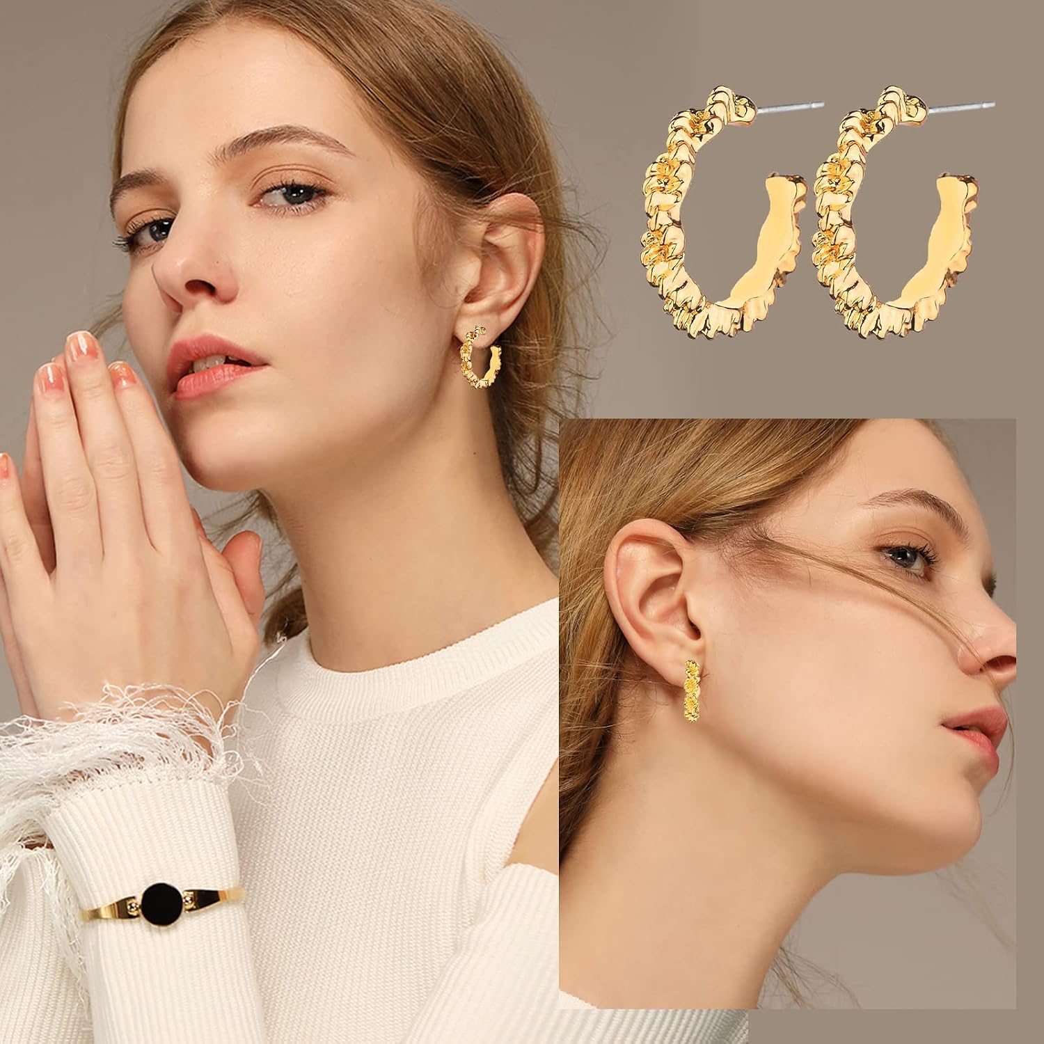 HILXURY Gold Chunky Hoop Earrings Set for Women, 14K Gold Plated Twisted Huggie Hoop Earring Hypoallergenic, Thick Open Hoops Set Lightweight
